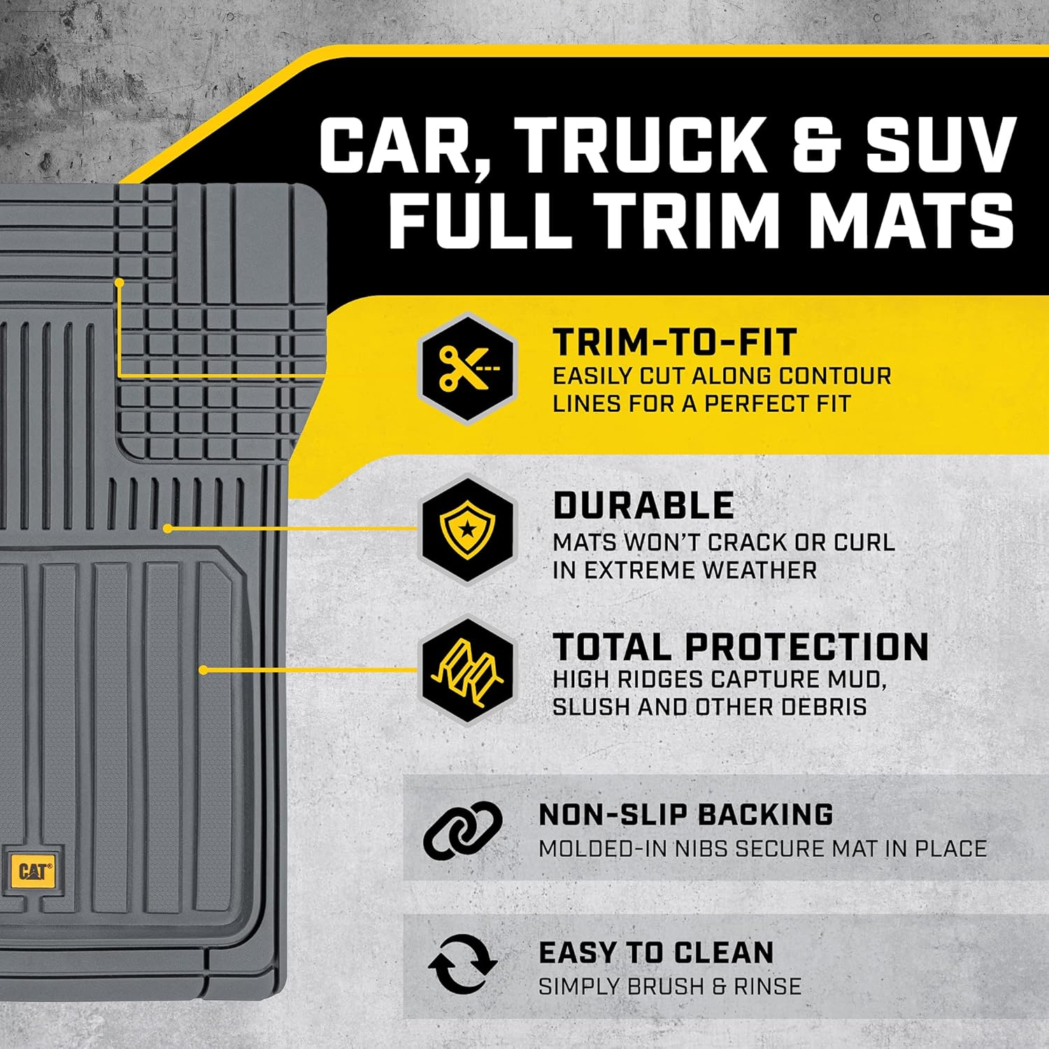 Cat® ToughLiner™ Rubber Car Floor Mats for Auto Truck SUV & Van, Full Custom Trim to Fit Liners, Advanced Performance Heavy Duty Odorless Car Mats, All Weather Protection, Gray