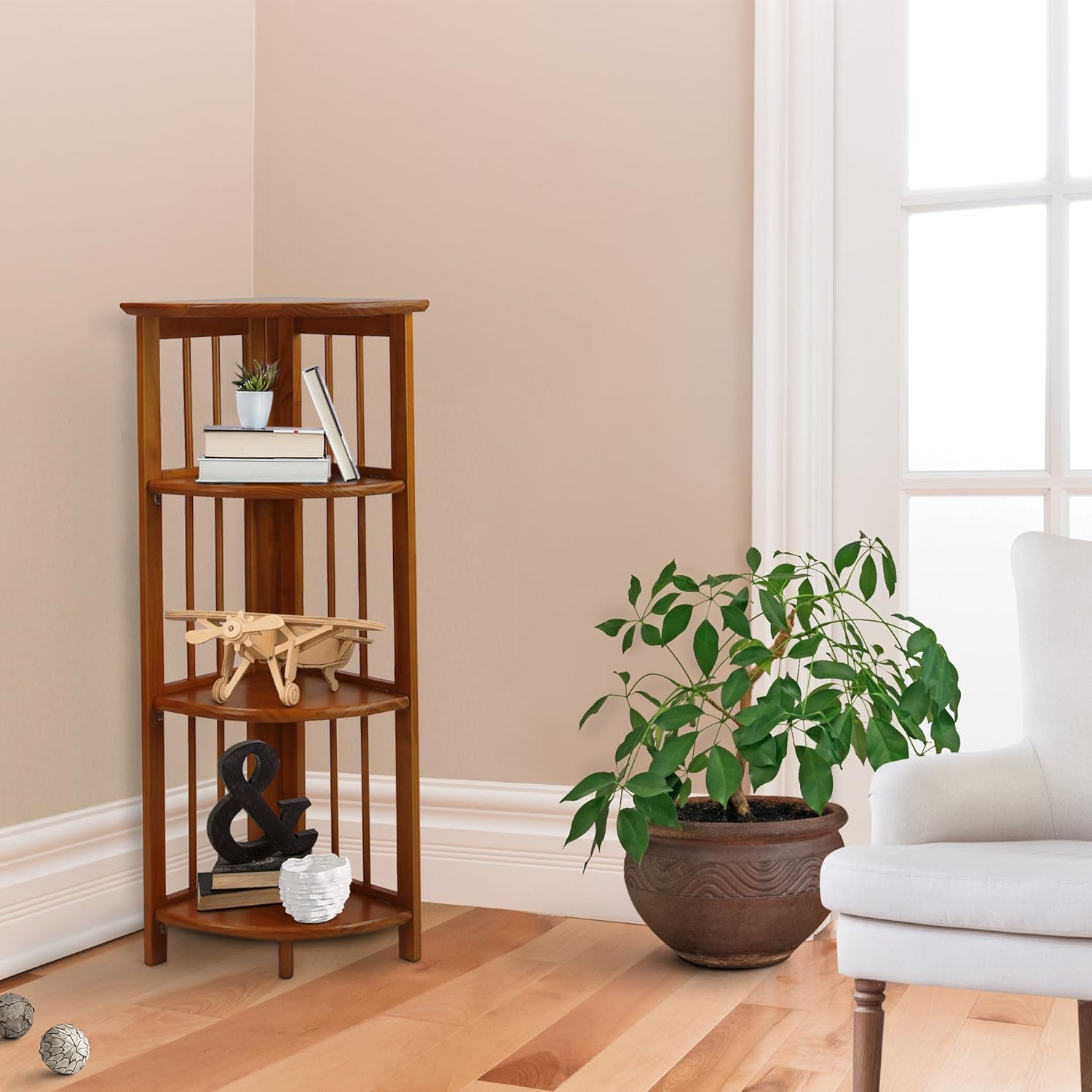 Casual Home 315-15 Wooden 4 Shelf Corner Folding Bookcase, Honey Oak