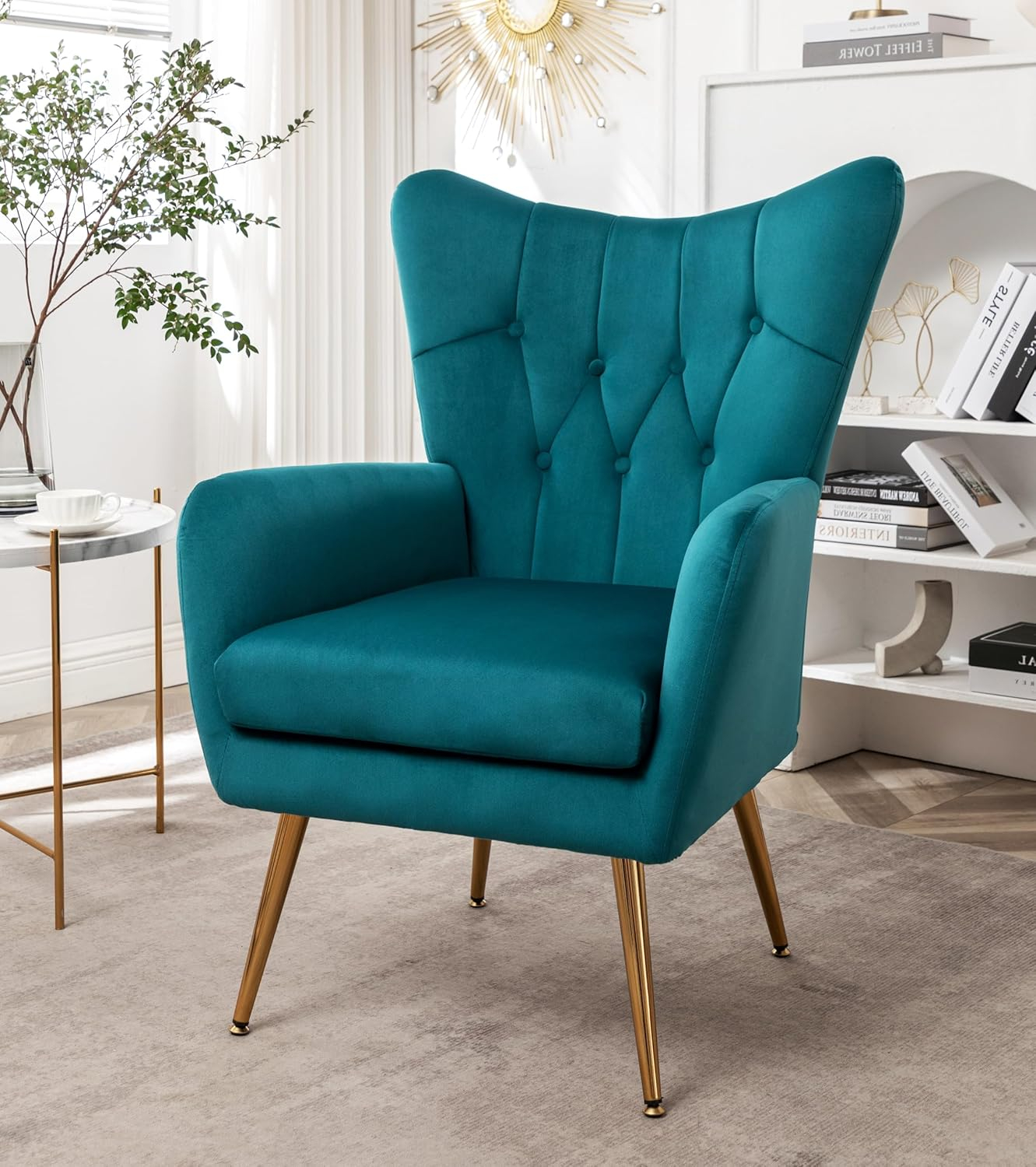 Modern Chic Mid-Century Velvet Accent Armchair for Living Room, Bedroom, or Home Office, Button-Tufted Wingback Design with Gold Flared Legs, Dark Teal