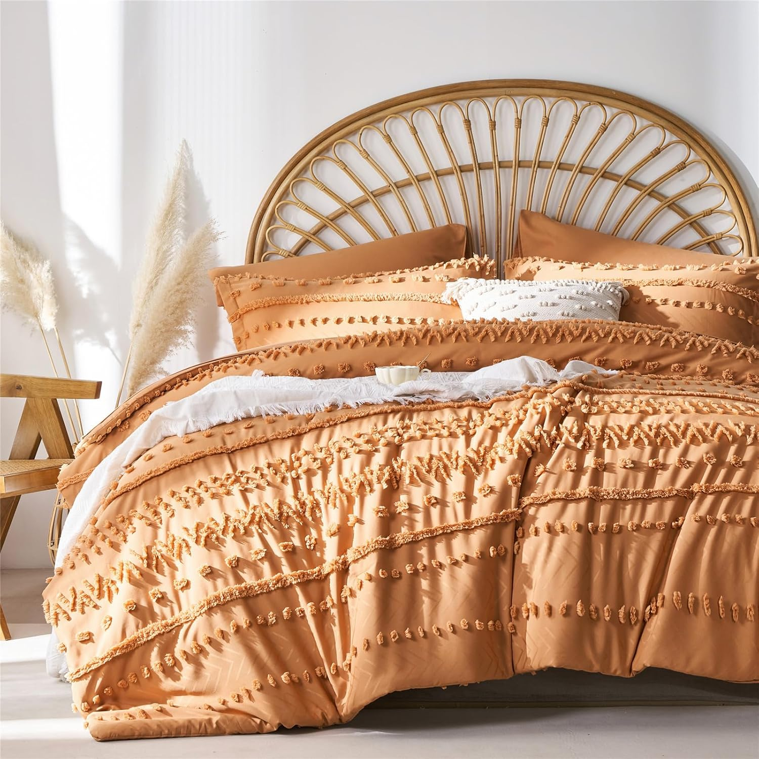 7 Pieces Queen Comforter Set, Pumpkin Tufted Boho Shabby Chic Bed in a Bag Comforter and Sheet Set, All Season Soft Microfiber Complete Bedding Set (Pumpkin, Queen)