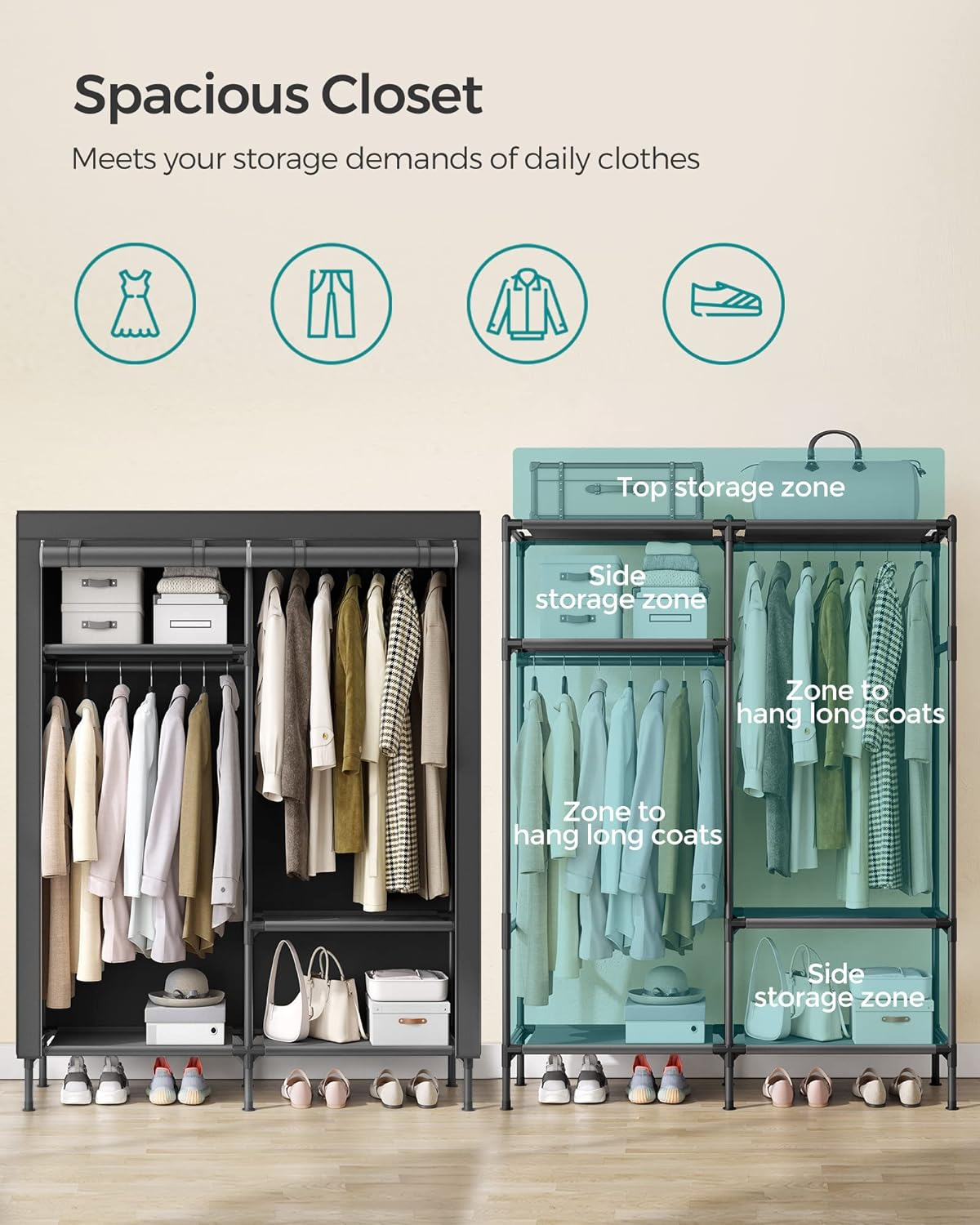SONGMICS Wardrobe Closet, 65 Inch Heavy Duty Portable Closet, Freestanding Closet Organizer, Clothes Rack with Cover, 2 Hanging Rails, 3 Shelves,4 Side Pockets,Black URDR301B02