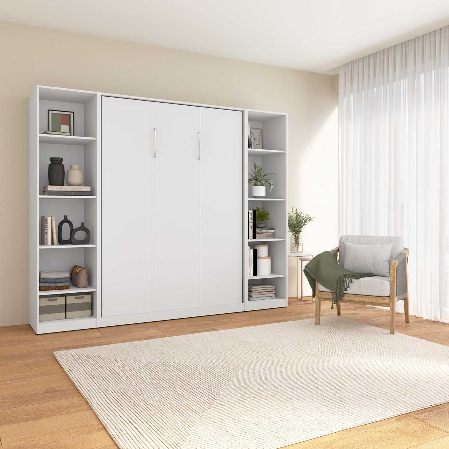 White Full Murphy Bed with Wood Frame and Closet Organizers