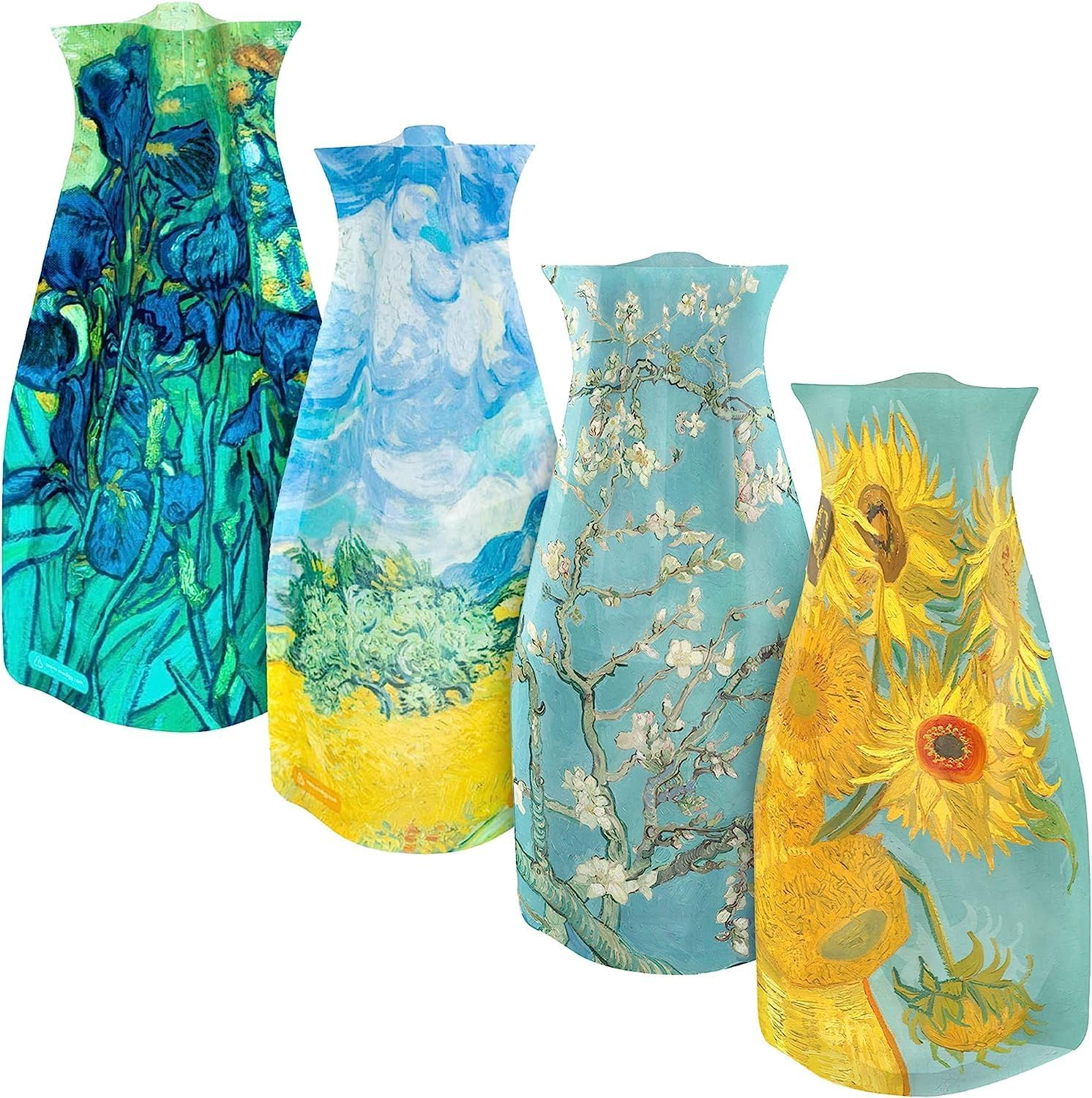 MODGY Expandable Flower Vase Set, Plastic Decorative Modern Foldable Printed Vases for Centerpieces for Wedding, Dining Table, Home Decor, Living Room, Bathroom, Office, Vincent Van Gogh, 4 Pack