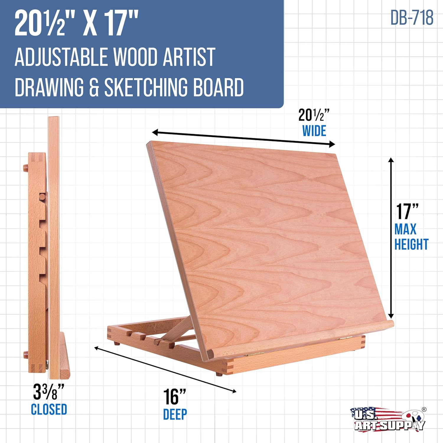 US Art Supply "Sketch Master" Adjustable Wood Artist Drawing & Sketching Board