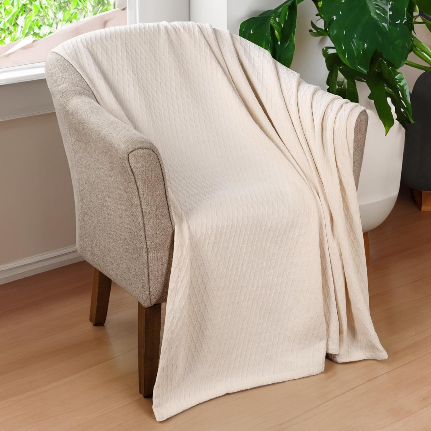 Superior Dobbyweave Knit Cotton Blanket, All Season Breathable Bed Blanket Full/Queen Size, Ivory