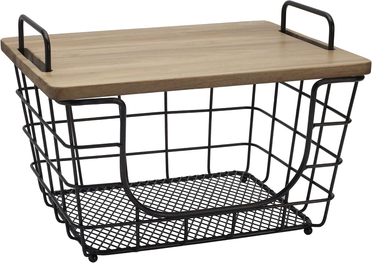 Gourmet Basics by Mikasa Madam Metal Stacking/Nesting Rectangular Basket with Acacia Lid, Antique Black