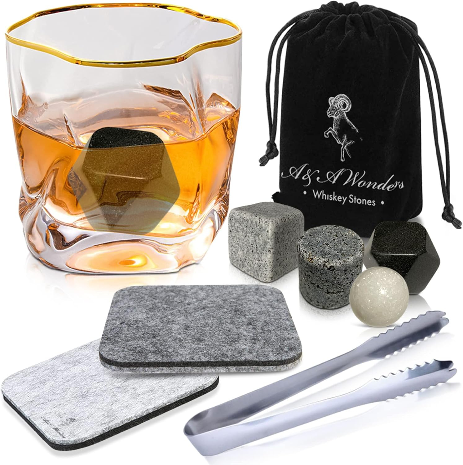 A&A Wonders Premium Whiskey Stones 100% Natural Granite Set of 4 Chilling Rocks Stone Reusable Ice Cubes for Drinks with Velvet Carrying Pouch, Gift for Whiskey Lovers