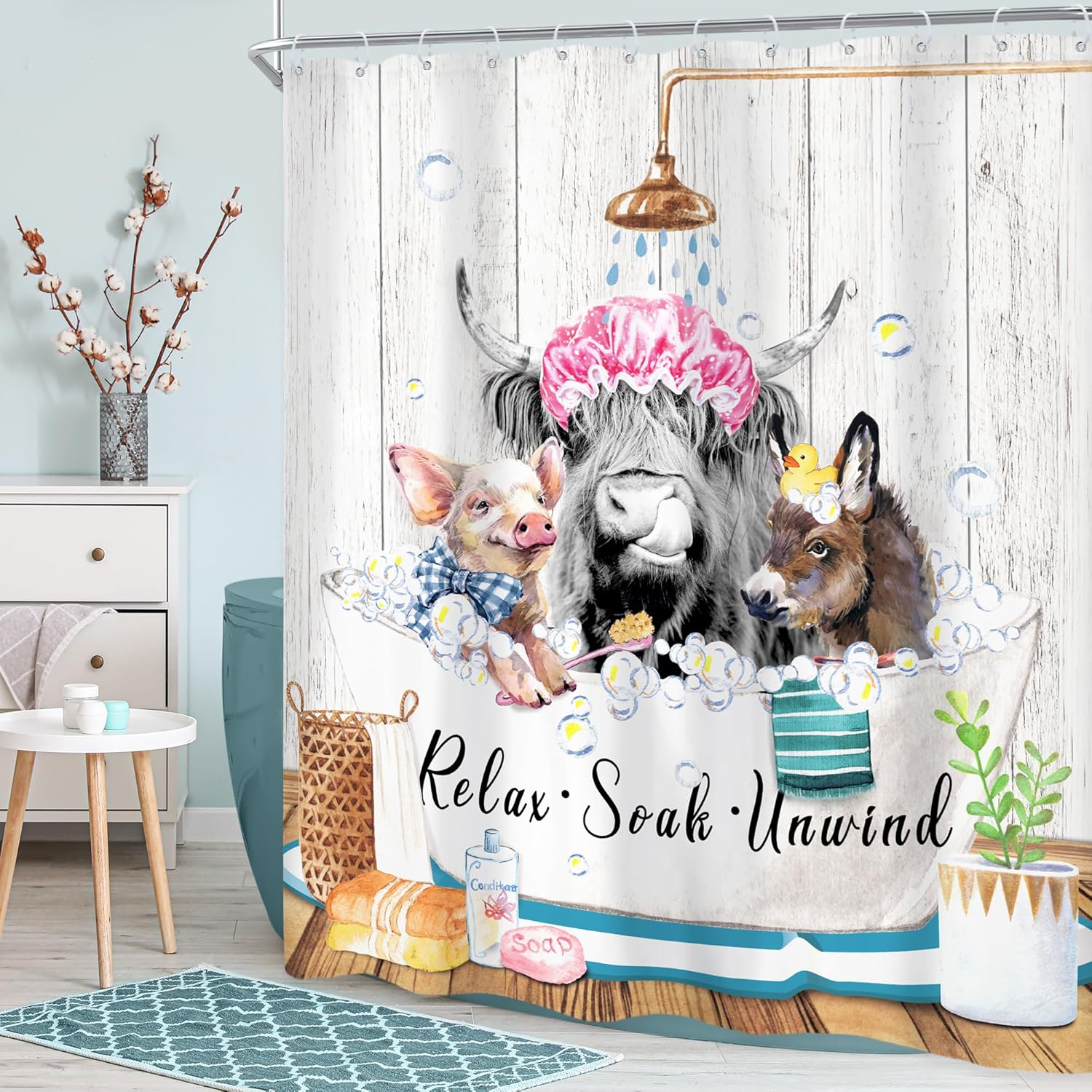 Funny Highland Cow Shower Curtain 60Wx72H Inch Bull Western Cattle Donkey Pig in Bathtub Rustic Shower Curtain Bathroom Set Farmhouse Animal Waterproof Bath Decoration Accessories Home Decor