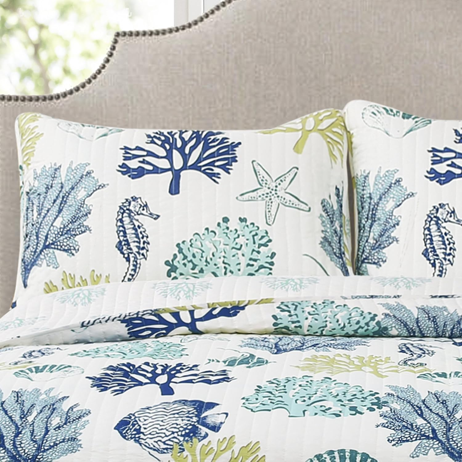 Lush Decor Coastal Reef Cotton Reversible Coastal 3 Piece Quilt Set