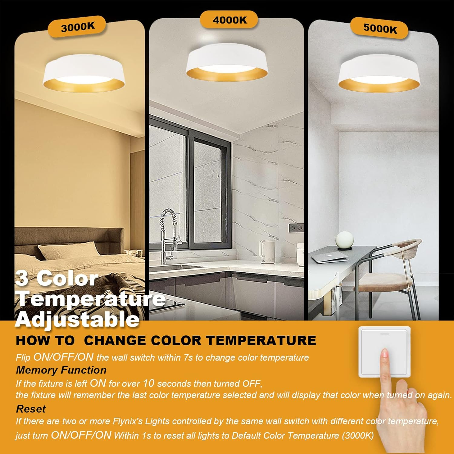 12.5 Inch LED Flush Mount Ceiling Light Fixture, 26W, Super Bright 1350 Lumen, 3 Color 3000K/4000K/5000K, Matt White with Gold Inside, Dimmable Ceiling Lamp for Bedroom Hallway Bathroom Outdoor