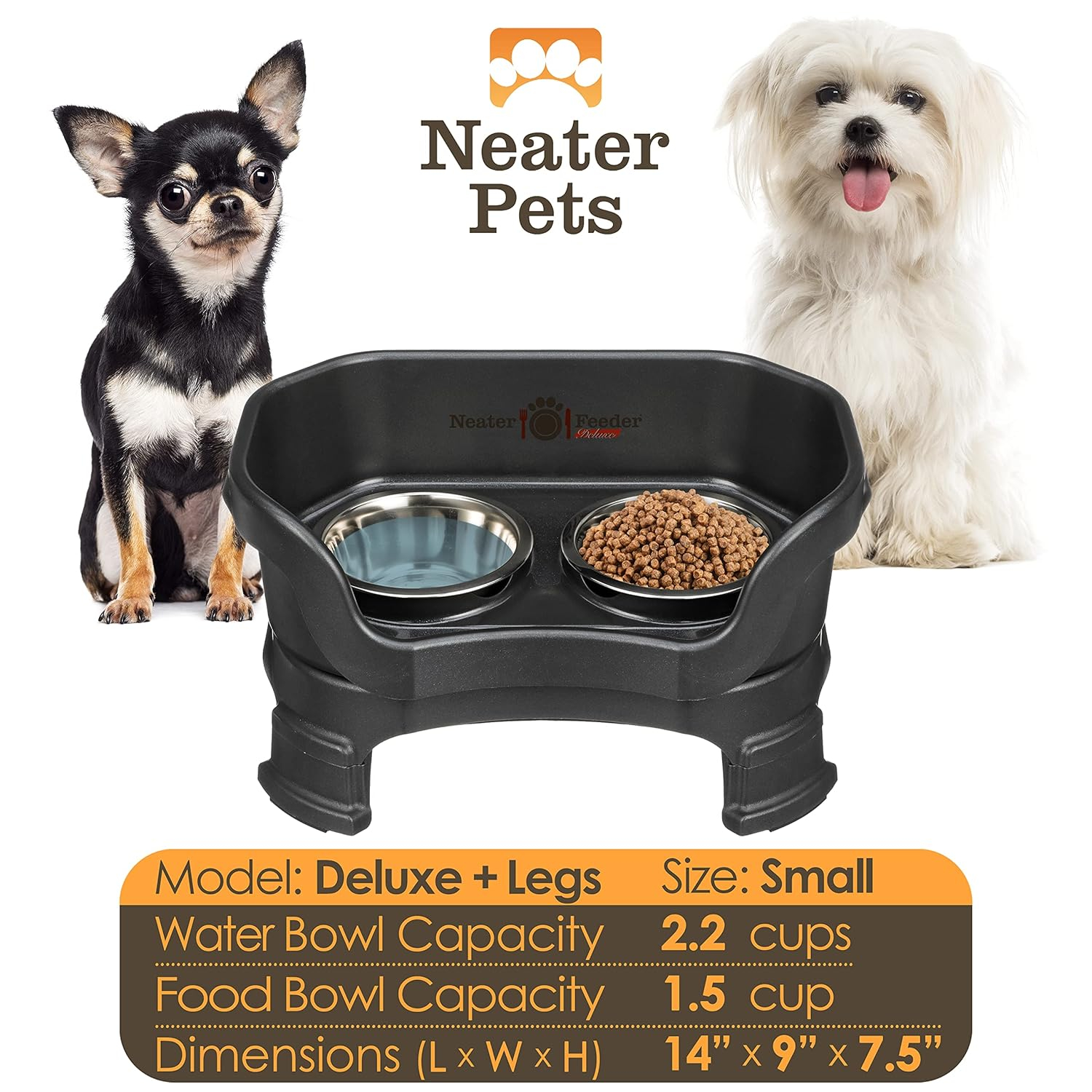 Neater Pets Neater Feeder Deluxe With Leg Extensions Mess-Proof Elevated Food & Water Bowls for Small Dogs, Midnight Black