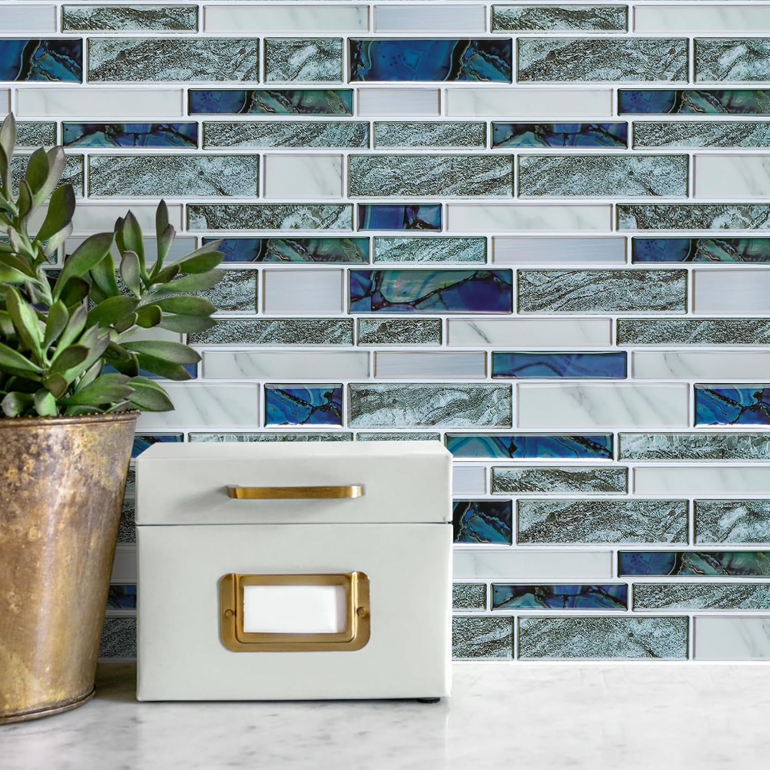 STICKGOO 10-Sheet Marble Look Peel and Stick Wall Tile, 12"x12" Premium Self Adhesive Tiles Kitchen Stick on Backsplash,Gray & Blue