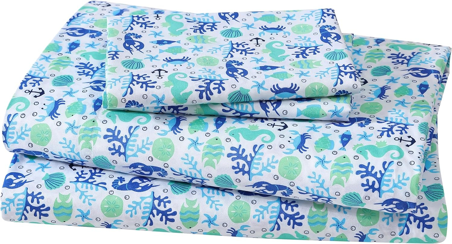 Coastal Print Microfiber Sheet Set, Full, Clearwater Aqua