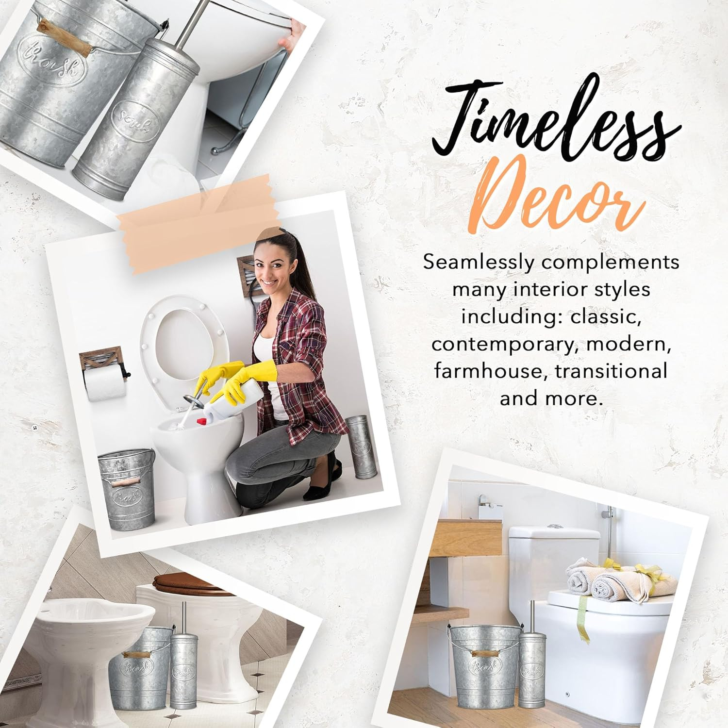 Galvanized Steel Rustic Bathroom Trash Can and Toilet Brush Set