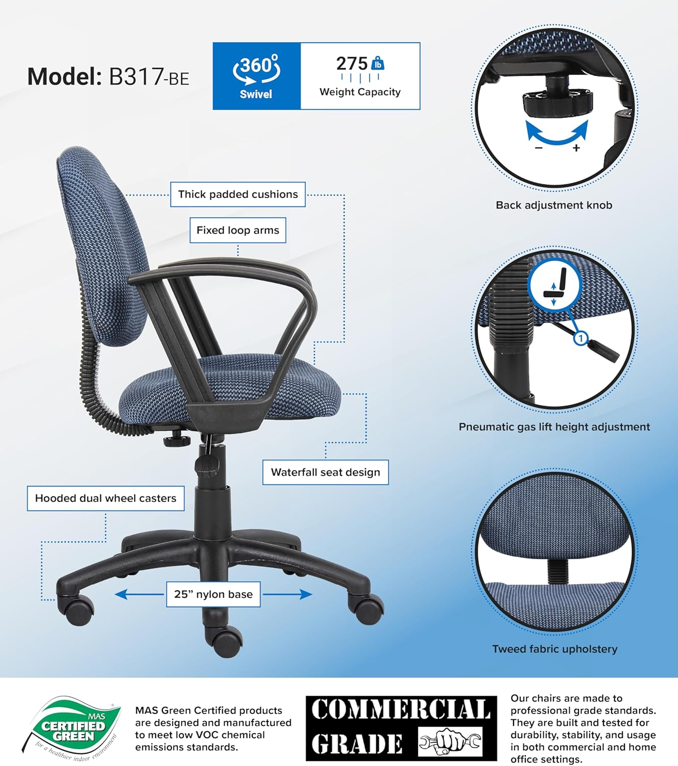 Boss Office Products B317-BE Deluxe Posture Chair with Loop Arms, Blue
