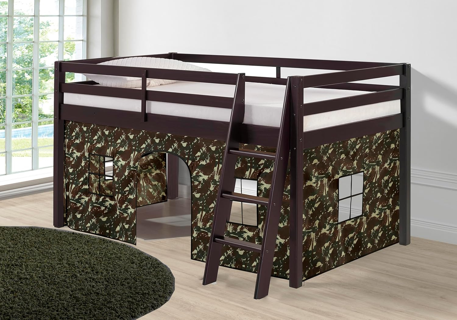 Alaterre Furniture Roxy Junior Loft - Espresso with Green Camo Bottom Tent