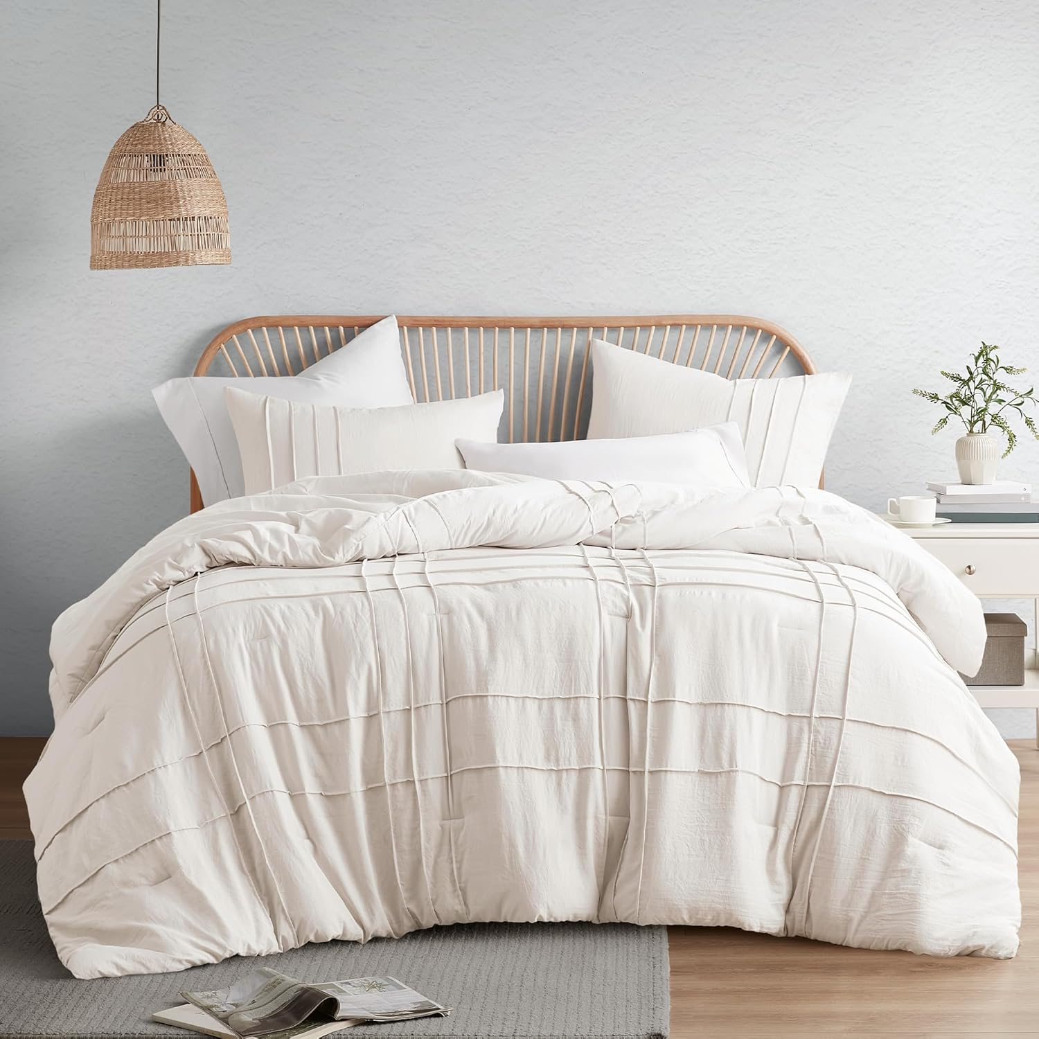 Comfort Spaces Cream Queen Size Comforter Set - 3 Pieces Pintuck Pleated Bedding Sets Queen, All Season Lightweight, Extra Softness Pre-Washed Microfiber Queen Bed Set, Shams, Full/Queen