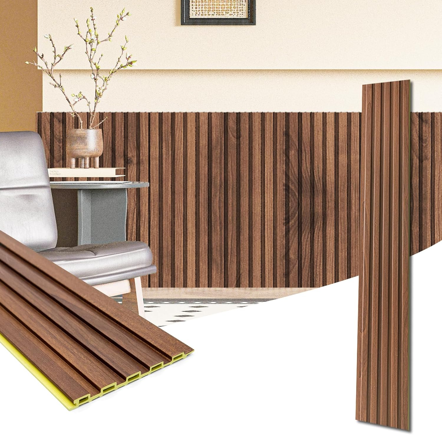 Art3d WPC Wainscoting Panels, 16-Pack 48 x 6 Inch 3D Wall Accents for Interior Wall Decor, Living Room, Bedroom, Teak