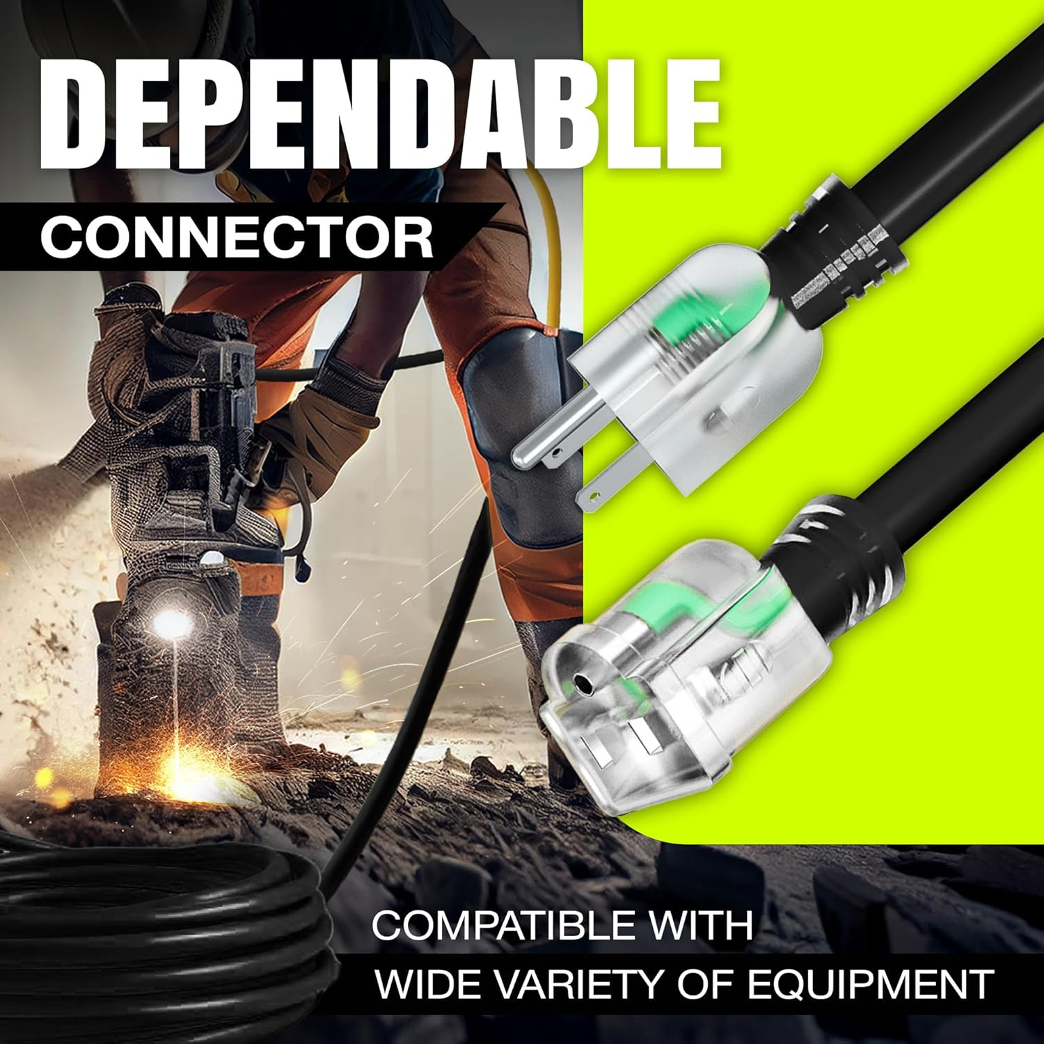 6ft Black Heavy Duty Extension Cord with Lighted Ends