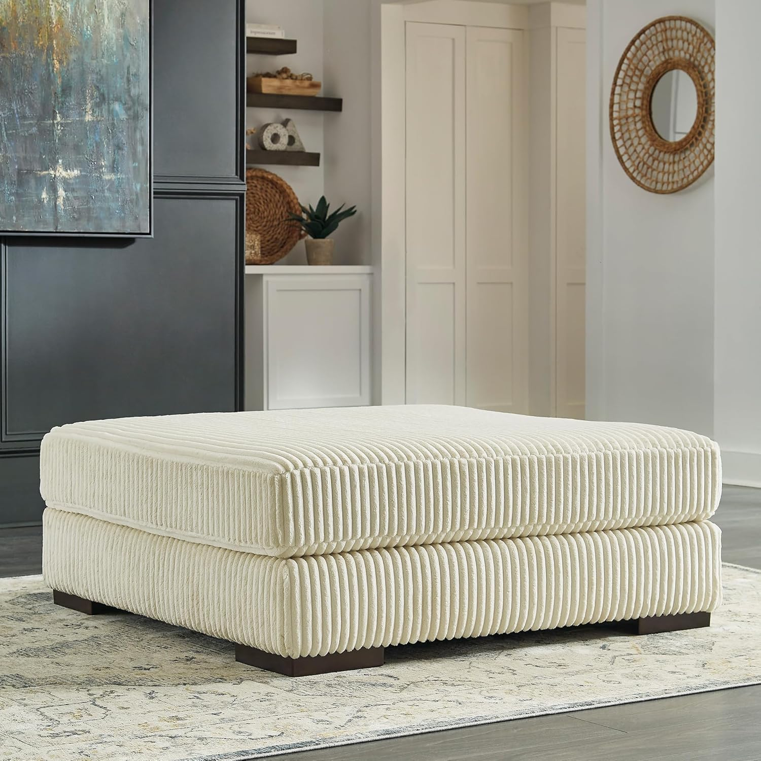 Lindyn Cream Polyester Upholstered Oversized Accent Ottoman
