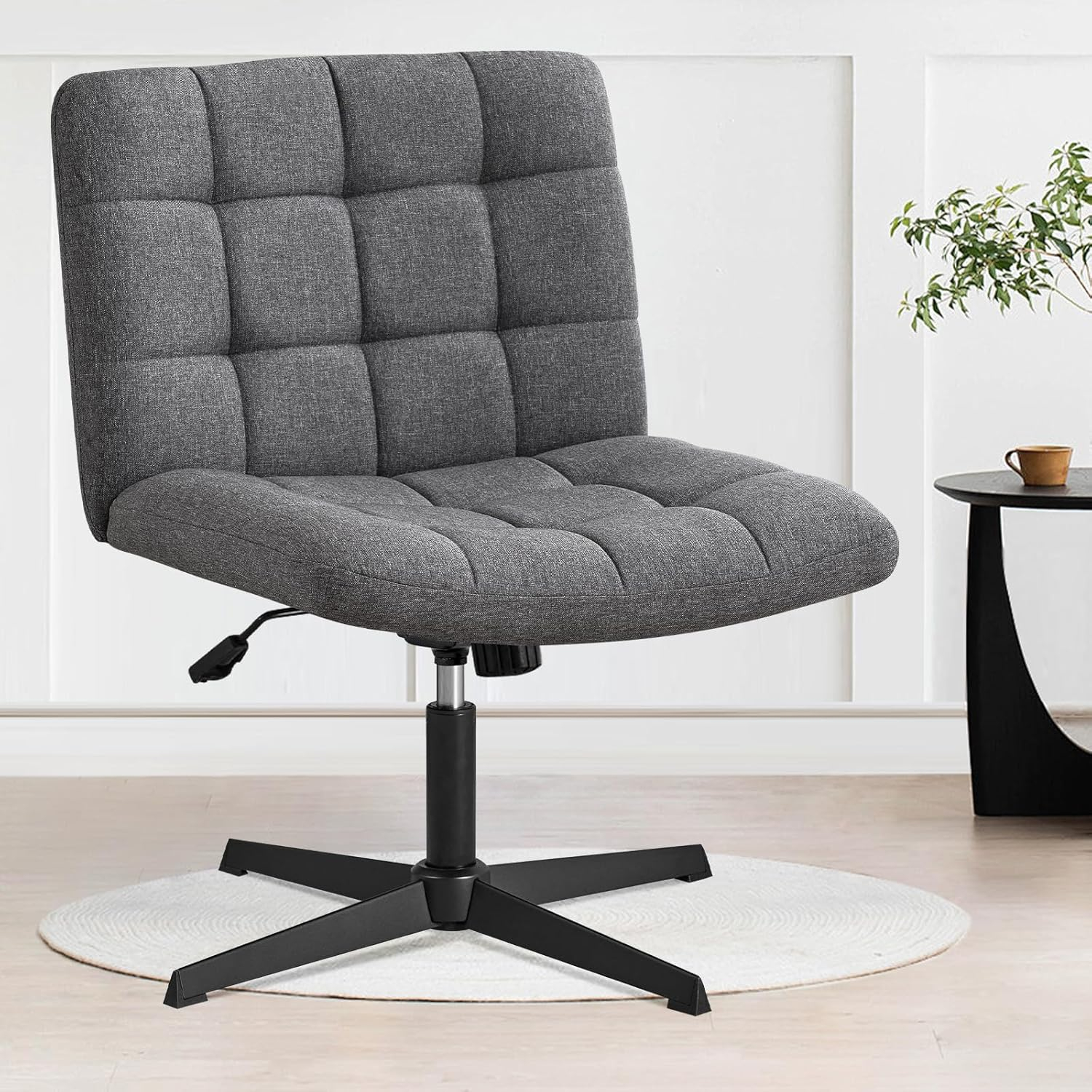 Furniliving Home Office Desk Chair with Wheels,Criss Cross Legged Wide Chair Armless Height Adjustable Chair with Mid Back Swivel Accent Vanity Chairs,Linen-Beige
