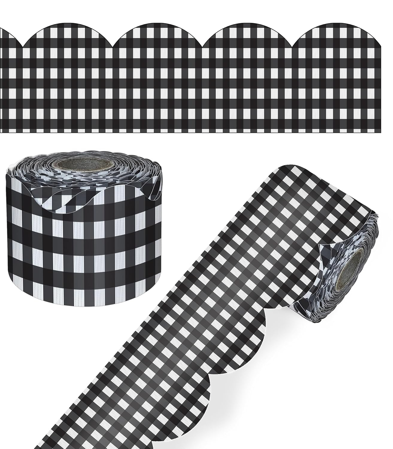 Carson Dellosa 65' Black Gingham Rolled Scalloped Bulletin Board Borders (1 roll)