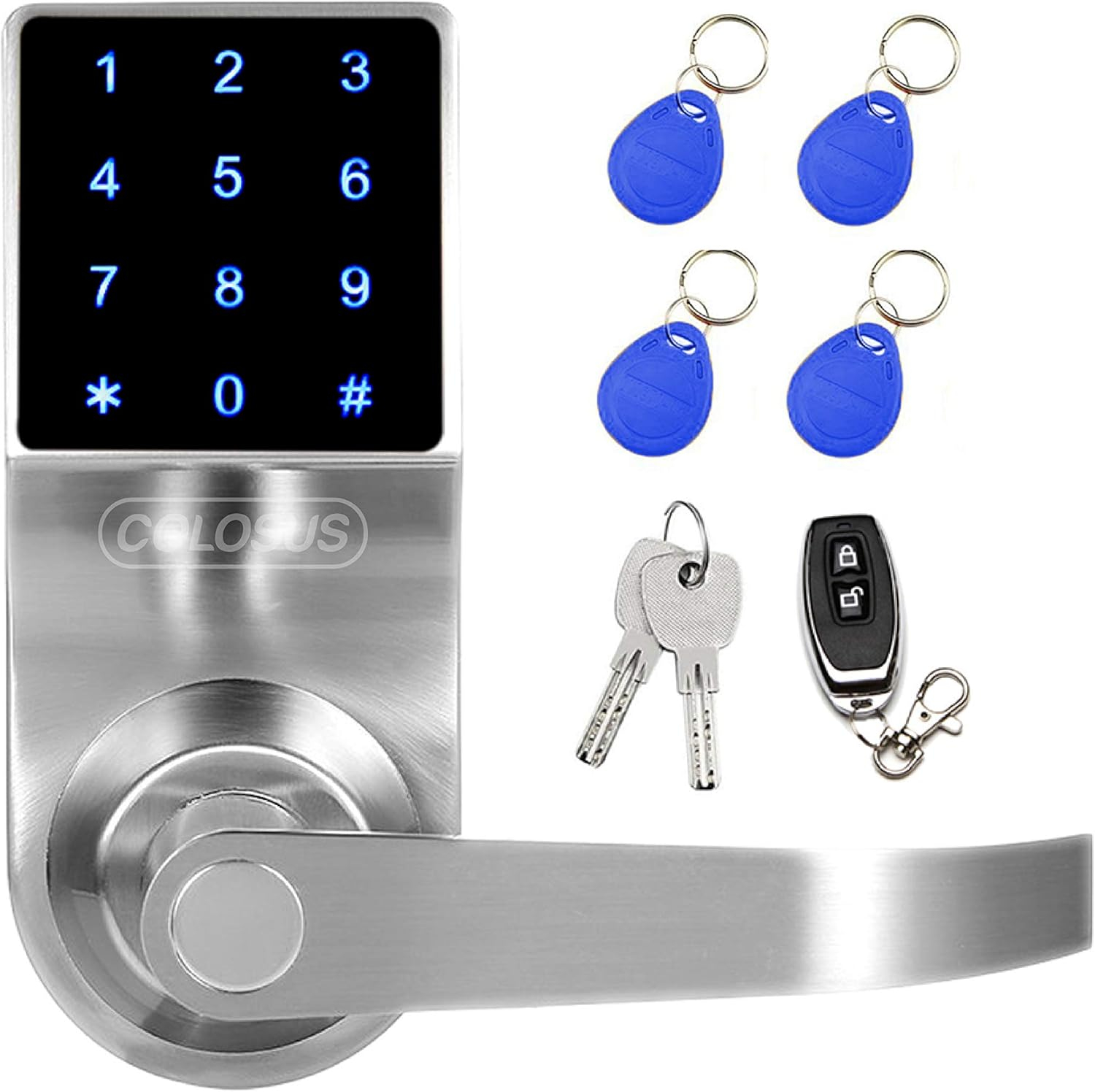 Smart door Lock Keyless Electronic Door Lock, Touchscreen with Key Fobs and Remote (Silver)