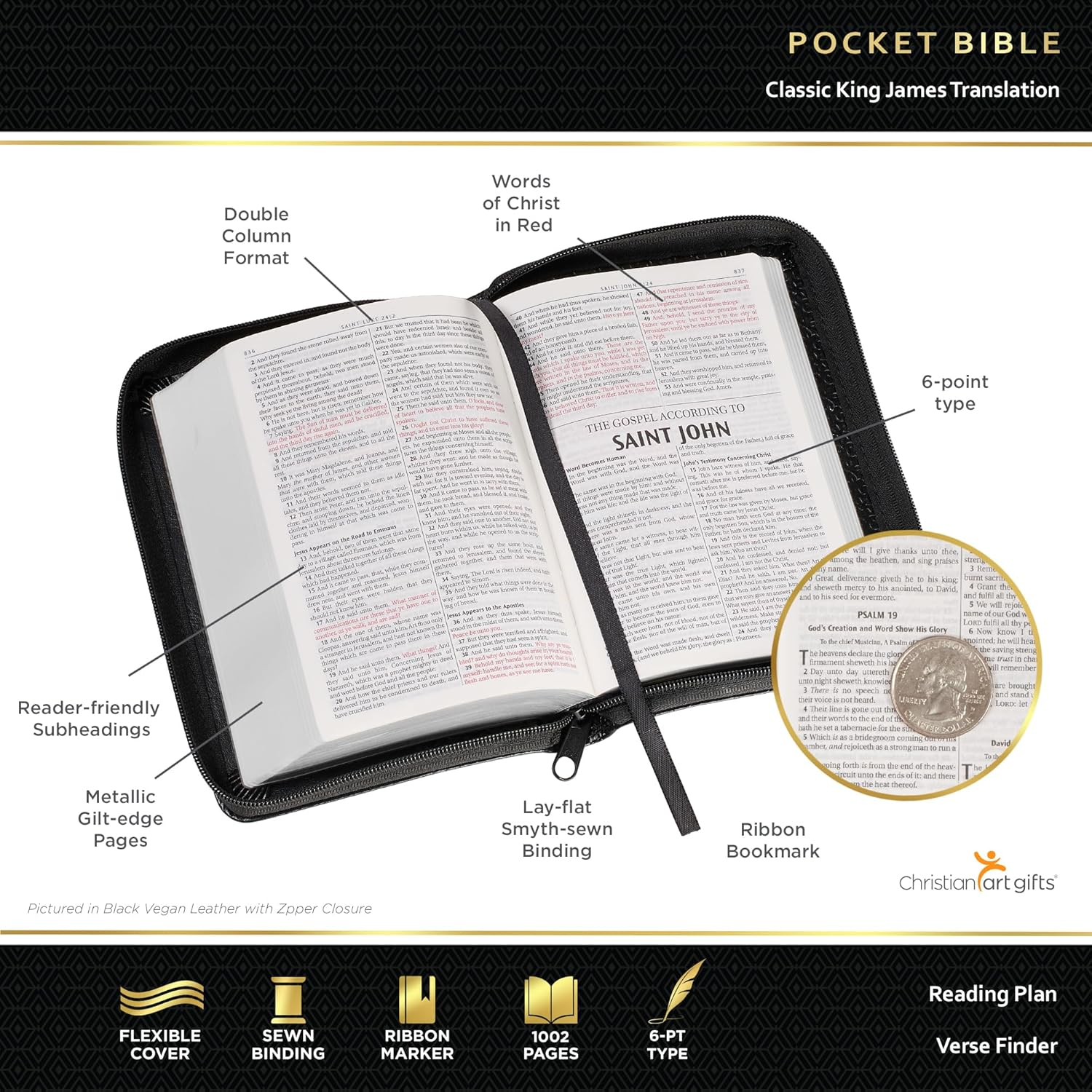 KJV Holy Bible, Mini Pocket Size, Faux Leather w/Ribbon, King James Version, Black, Zipper Closure, 6.2" x 4.3"