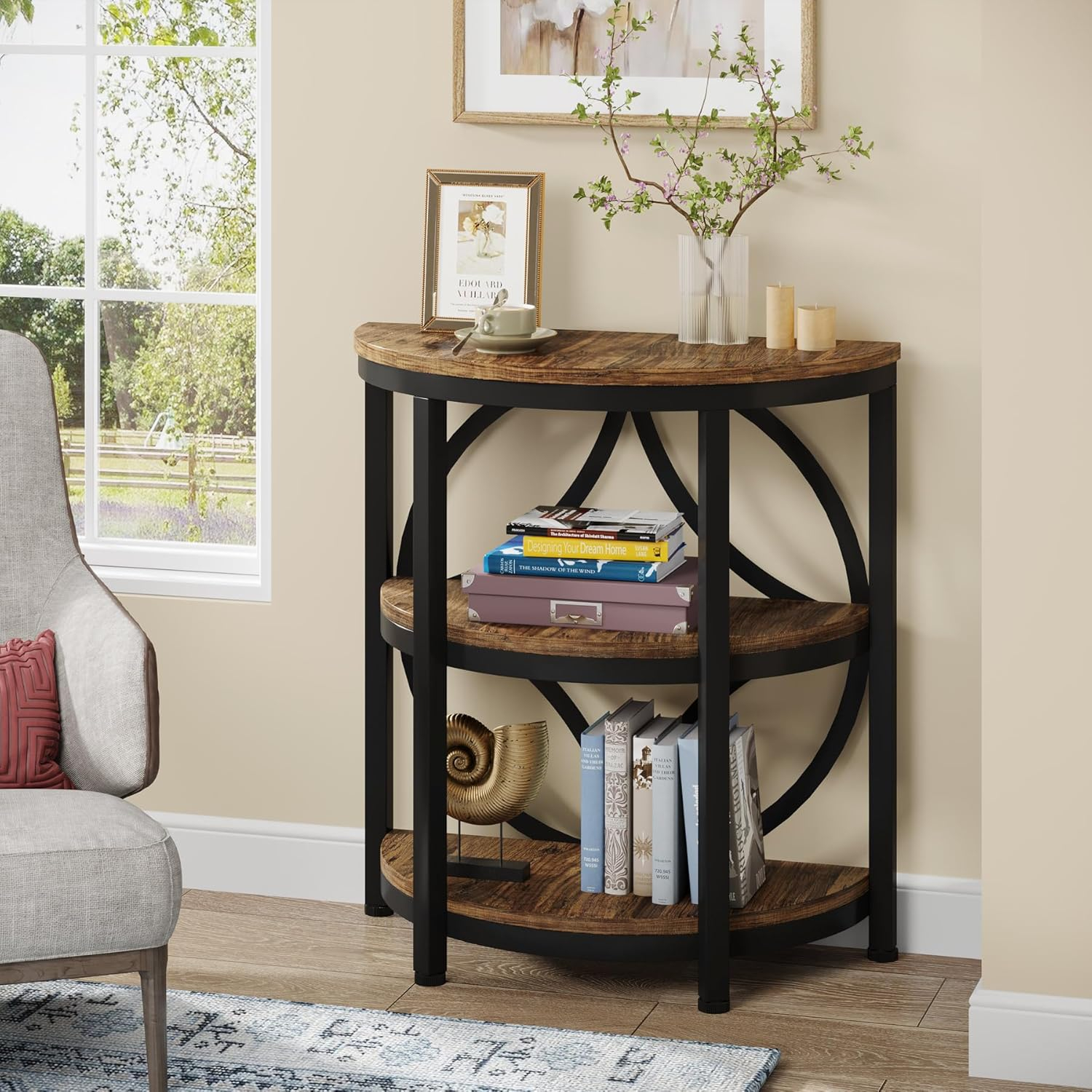 LITTLE TREE Half Round End Table, 3-Tier Narrow Side Table with Metal Frame, Half Circle Table, Half Moon Small Coffee Accent Table Bedside Table for Living Room, Bedroom