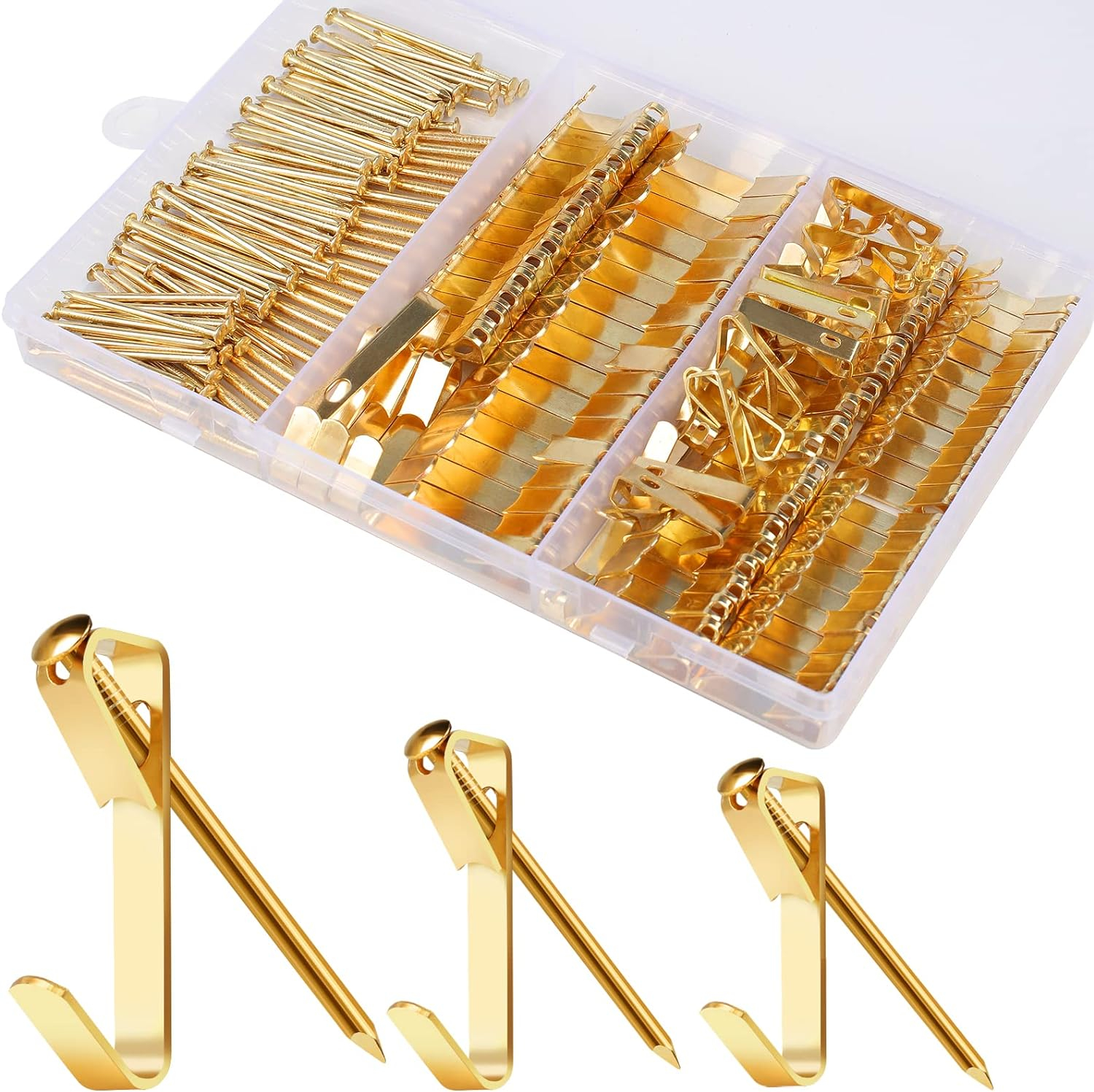 Picture Hanging Kit 184Pcs – Picture Hangers & Wall Hooks for Hanging – 20lb, 30lb, 50lb Wall Hangers with Metal Hooks and Nails for Drywall, Wood Walls & More(Gold)