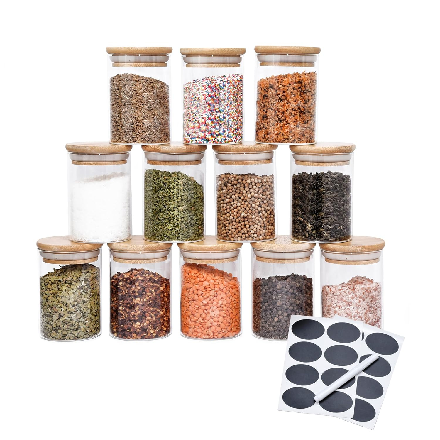 12-Piece Clear Glass Spice Jars with Bamboo Lids