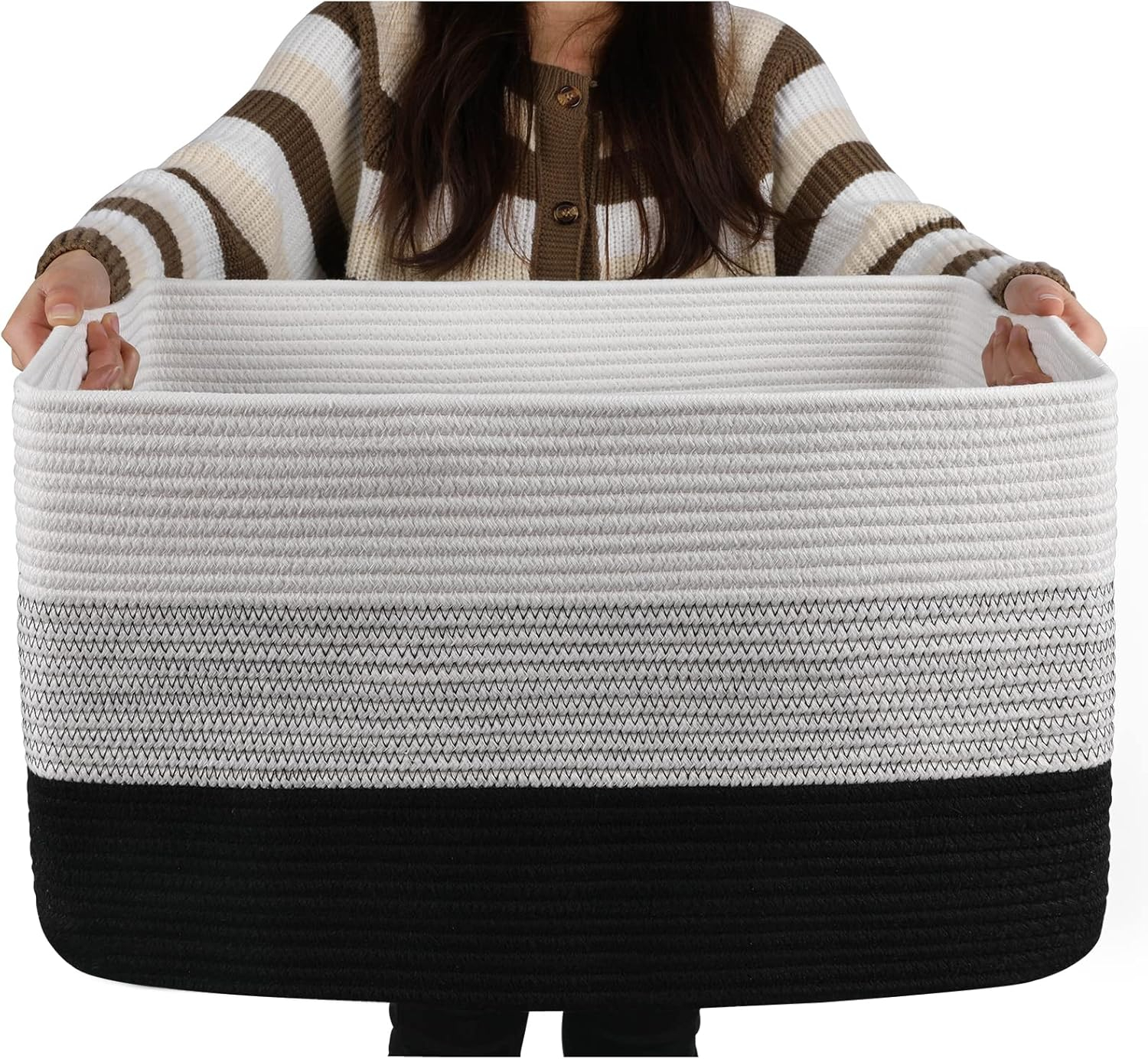 OIAHOMY Large Blanket Basket, Rectangle Woven Baskets for Storage, Nursery Blanket Basket Living Room, Toy Basket with Handle, Large Baskets for Organizing-22”x17”x12”-Gradient Black