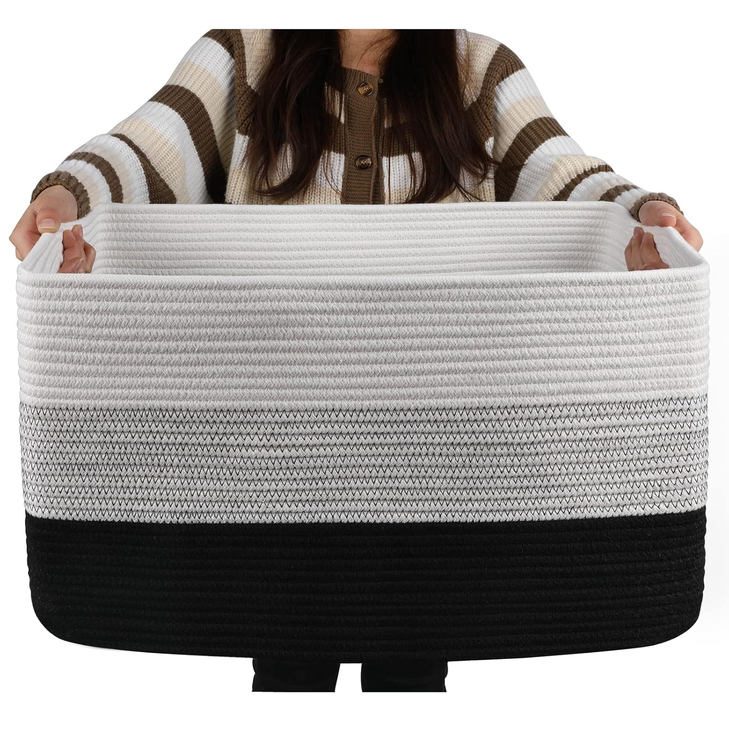 OIAHOMY Large Blanket Basket, 22”x17”x12” Rectangle Woven Baskets, Nursery Blanket Storage Living Room, Toy Storage With Handle, Large Baskets for Organizing-Gradient Black