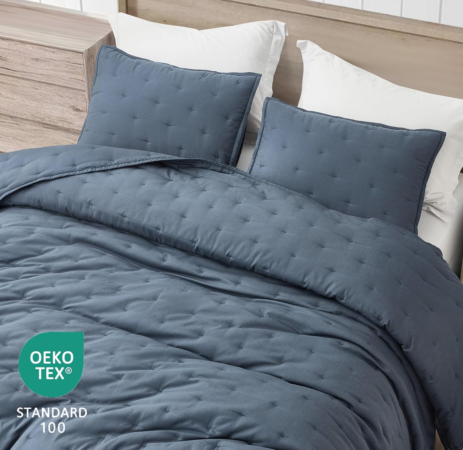 Chezmoi Collection Glen 3-Piece Crescent Stitched Quilt Set, Oversized King Size, Steel Blue, Rayon Derived from Bamboo & Polyester Blended, Soft Breathable Cooling Bedspread for Hot Sleepers