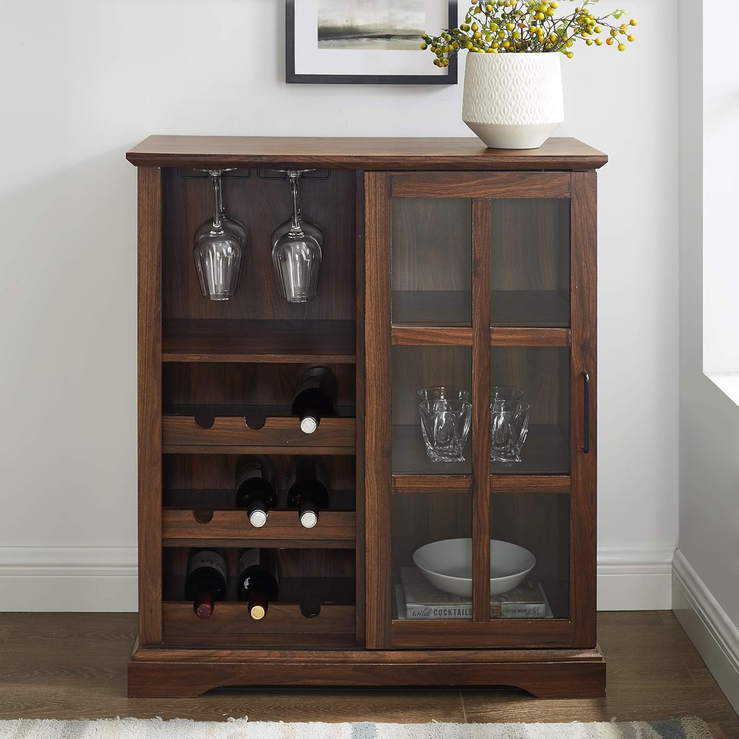 Lewes Sliding Glass Door Dark Walnut Bar Cabinet by Walker Edison
