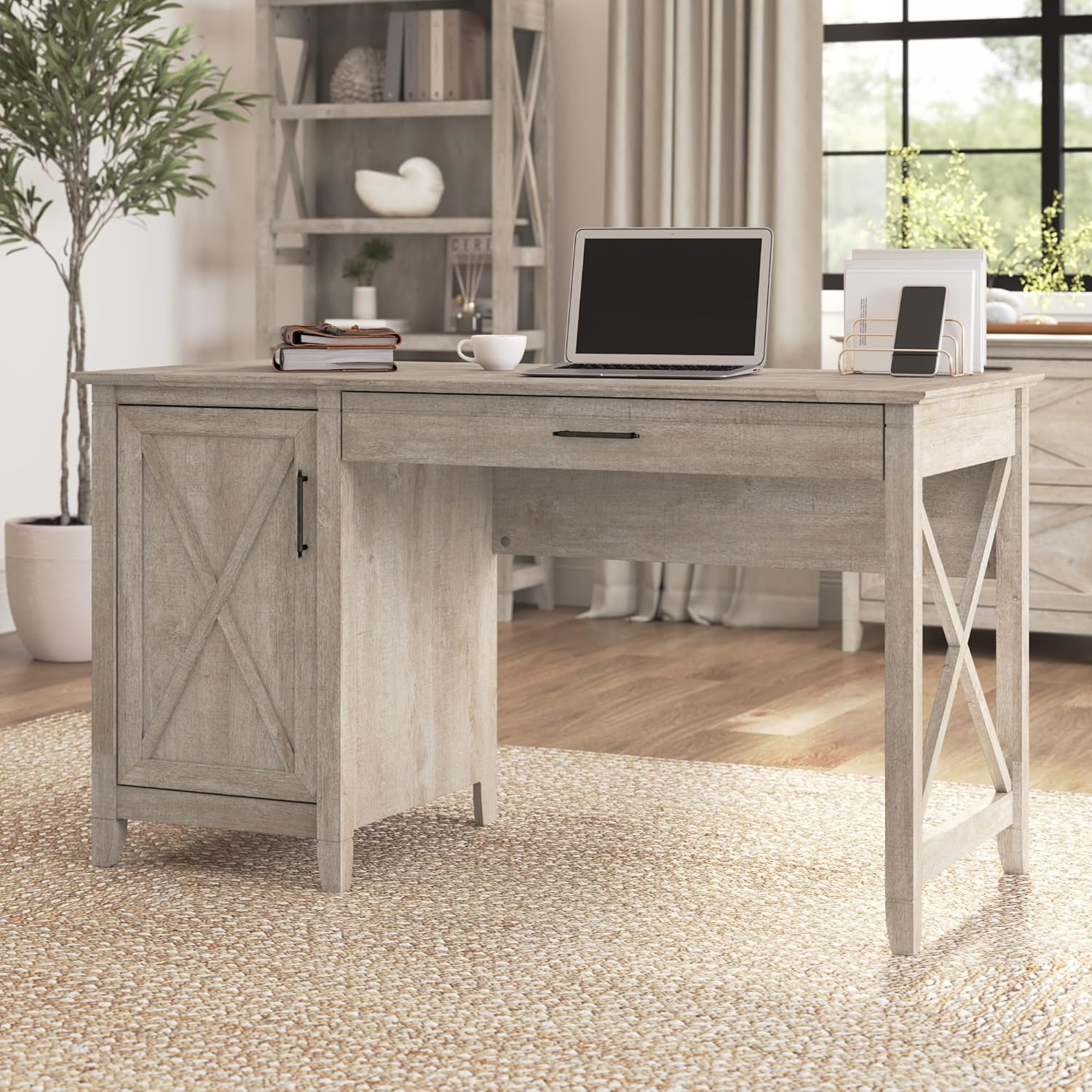 Bush Furniture Key West 54" Computer Desk with Storage, Washed Gray