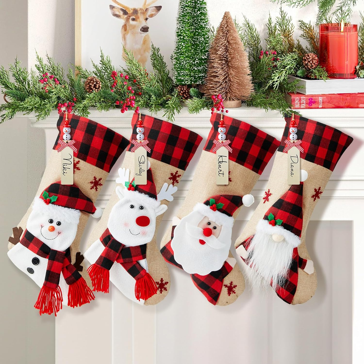 Christmas Stockings with Personalized Name Tag, 4 Pack 18" Christmas Stocking Snowman Deer Santa Gnome Burlap Plaid Xmas Stocking Holiday Christmas Decoration Gifts for Family