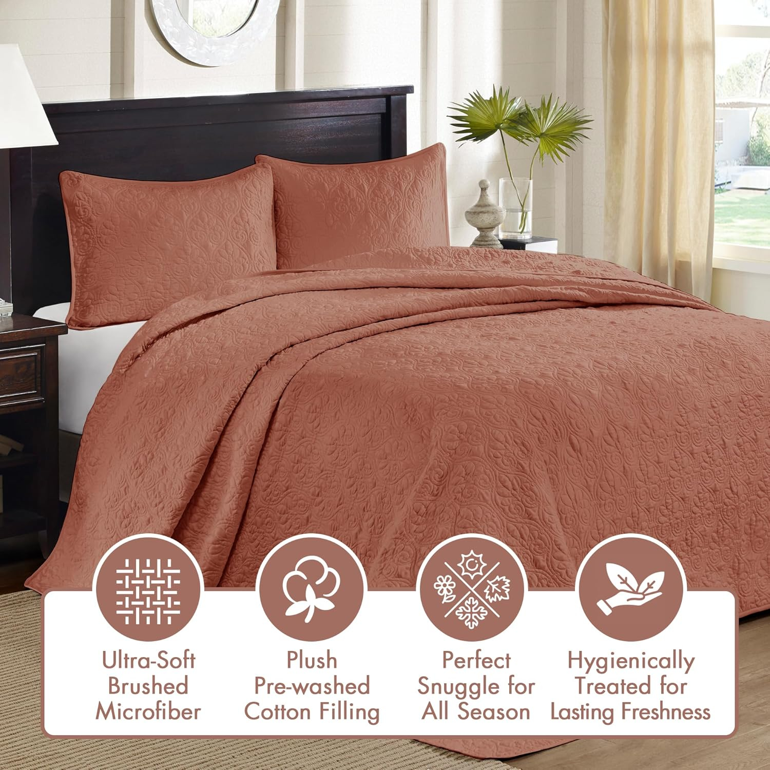 Madison Park Bedspread Set Reversible Damask Quilted Oversized Coverlet, Cotton-Filled Quilts Oversized, All Season, Lofty & Warm Bedspread, Quebec, Clay Red 3 Piece