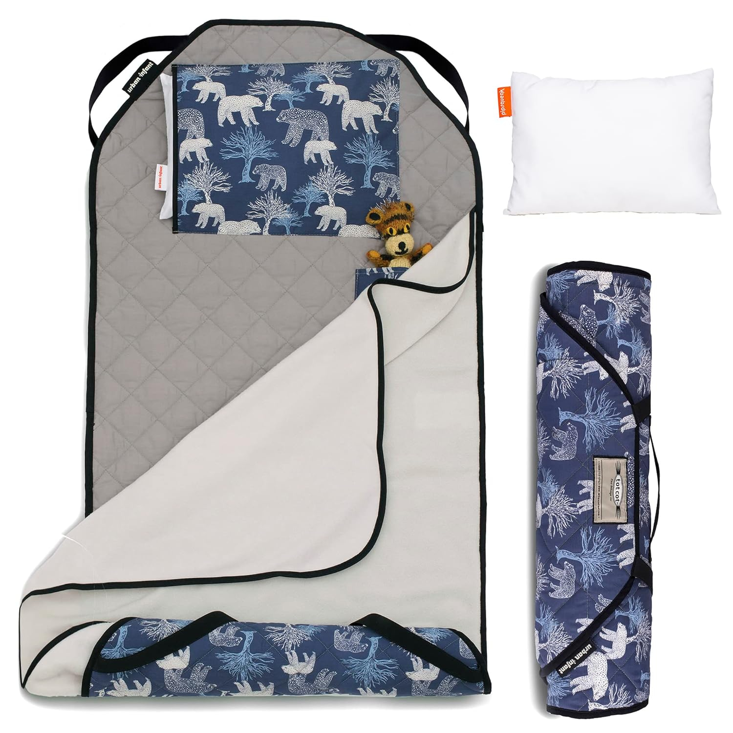 Urban Infant Tot Cot Kids Nap Mat - Toddler Preschool Daycare Modern All-in-One Bedding - Washable Blanket and Pillow  Boys and Girls - Elastic Straps - 52 x 22 Inches - Bears