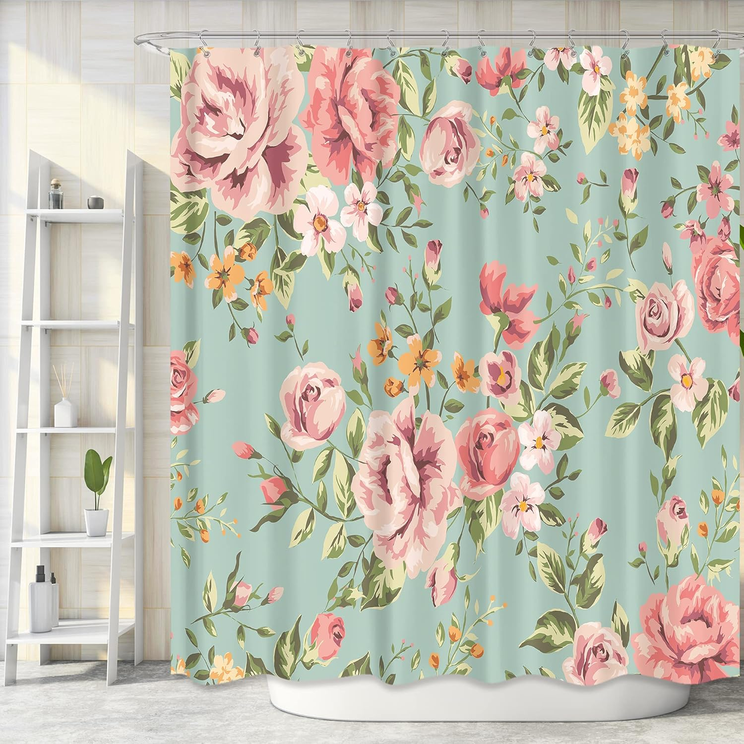 Fabric Pink Flower Shower Curtain for Bathroom 72Wx72H Inch Rose Floral Blooming Green Leaves for Girl Women Bathtub Accessories Decor Rustic Waterproof Fabric Bathroom 12 Pack Hooks WW-NDHC