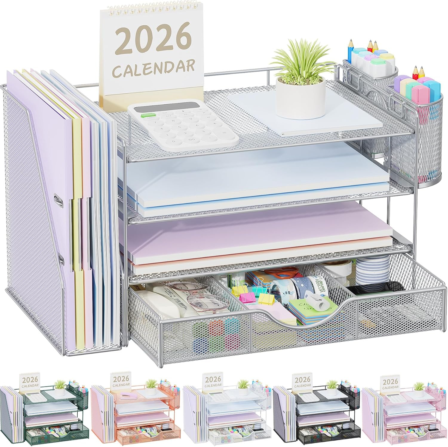 gianotter Desk Organizers and Accessories with File Holder, 4-Tier Desk Accessories & Workspace Organizers with Drawer and 2 Pen Holder, Paper Organizer for Office Supplies (Grey)