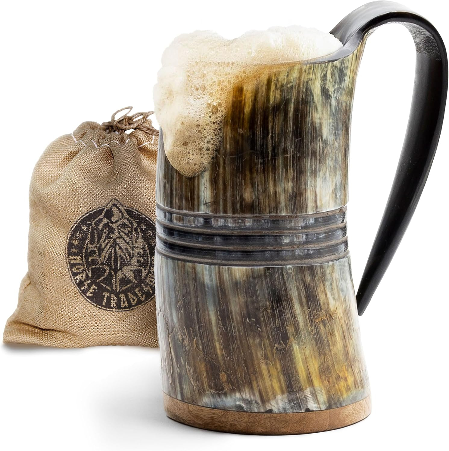 Norse Tradesman Genuine LG Viking Drinking Horn Mug - 100% Authentic Beer Horn Tankard With Hardwood Bottom & Ring Engravings | "The Eternal", Unpolished, approx. 16 oz
