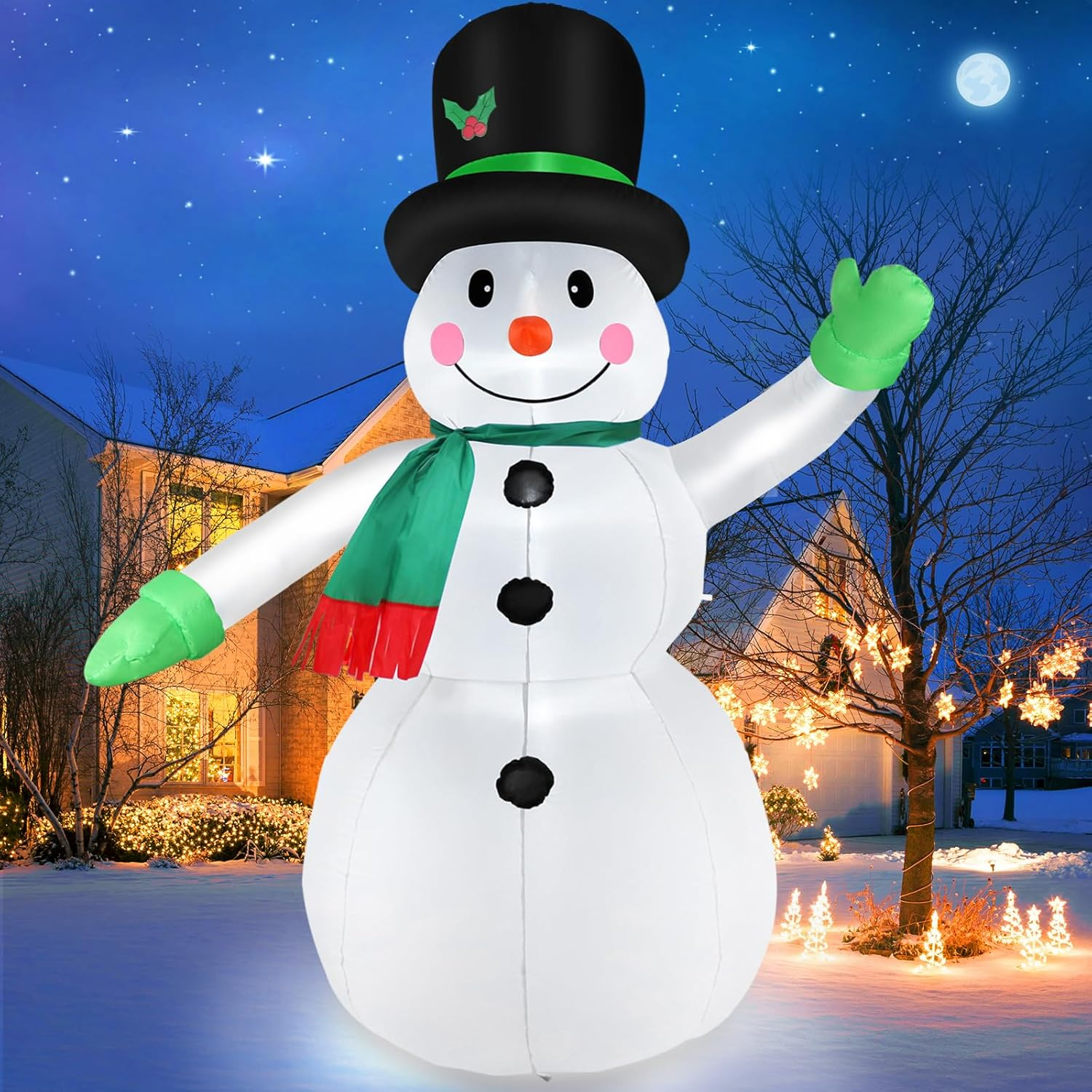 7-Foot Bright White LED Inflatable Snowman with Black Hat