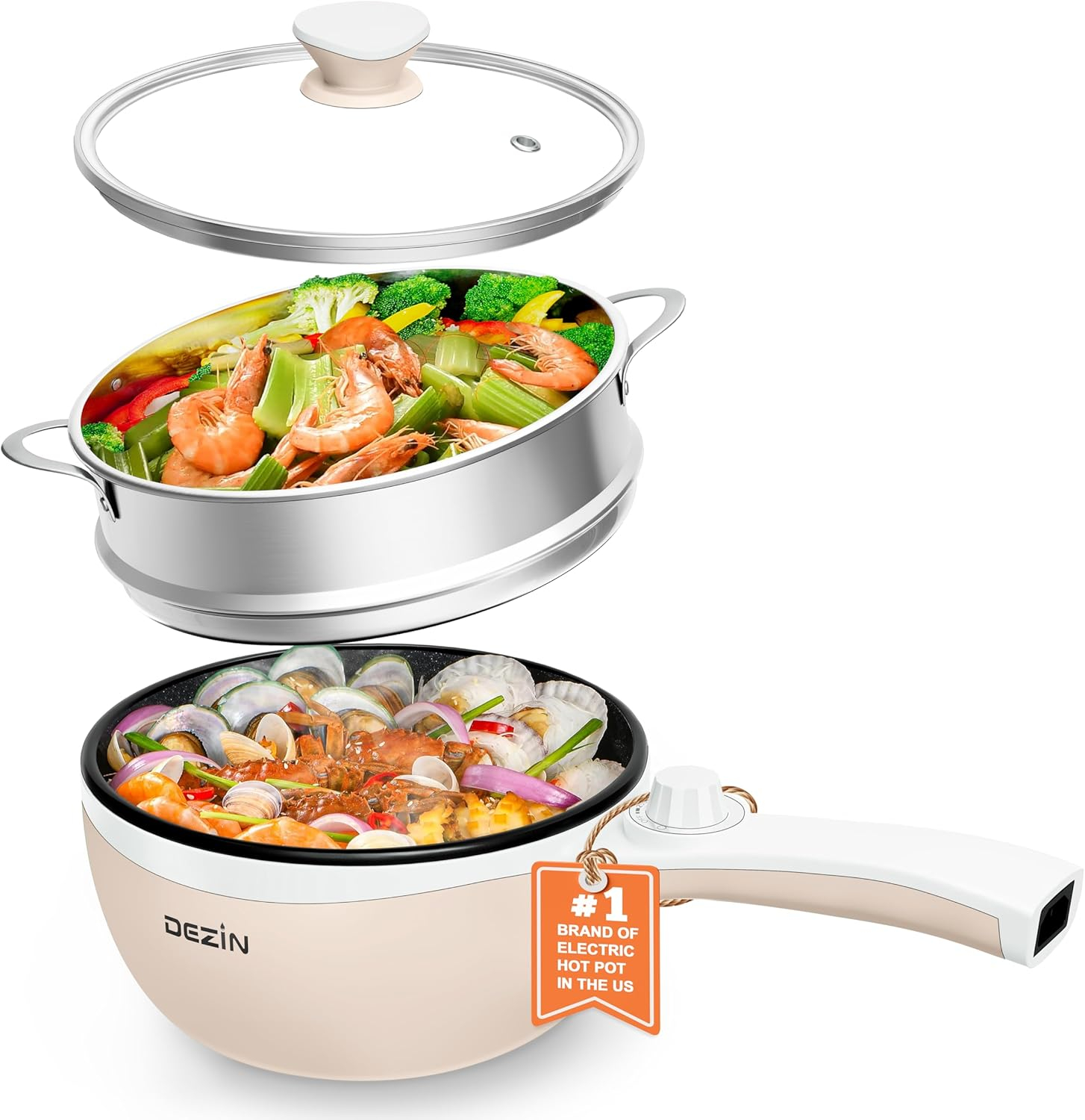 Dezin Electric Hot Pot Upgraded, Non-Stick Sauté Pan, Rapid Noodles Cooker, 1.5L Mini Pot for Steak, Egg, Fried Rice, Ramen, Oatmeal, Soup with Temperature Control, Beige (Egg Rack Included)