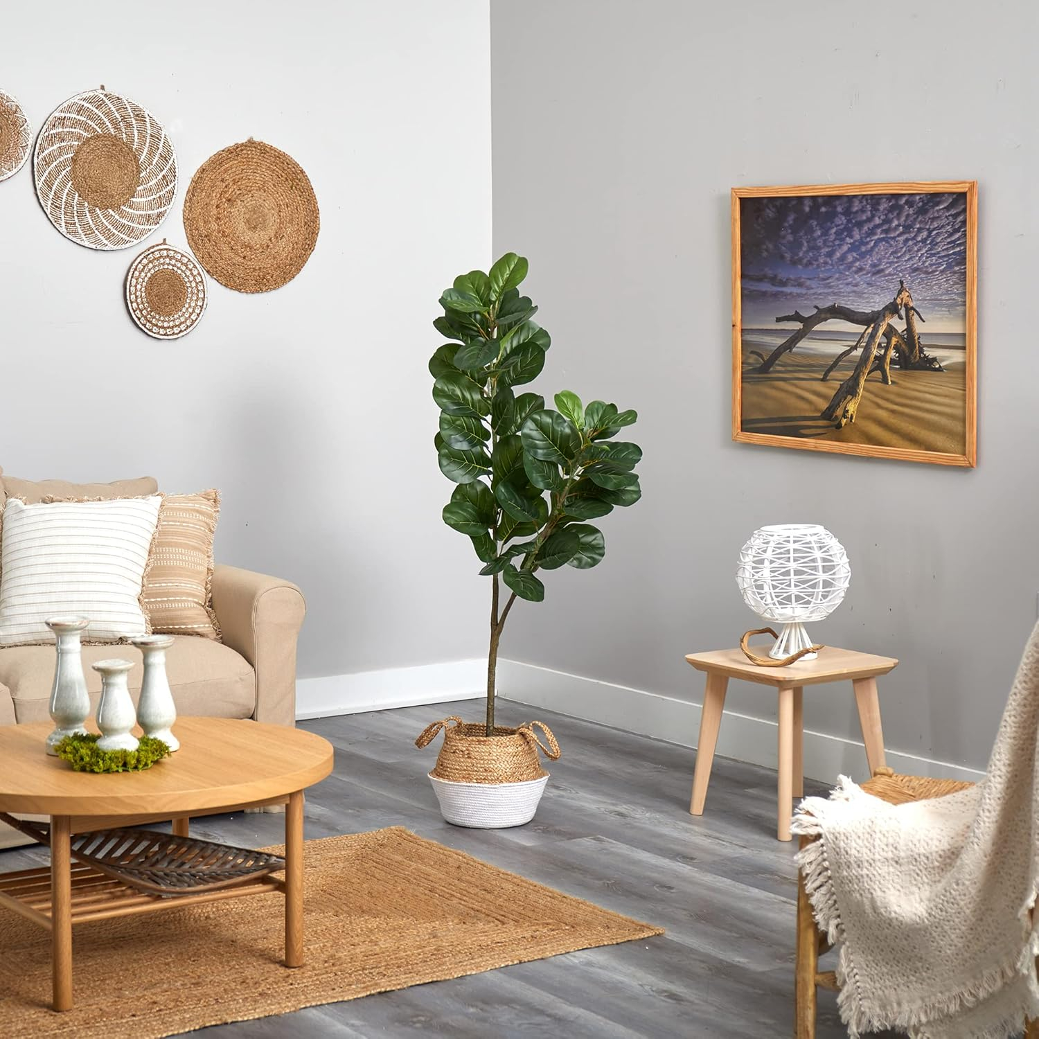 Nearly Natural 4.5ft. Fiddle Leaf Fig Artificial Tree with Boho Chic Handmade Cotton & Jute White Woven Planter