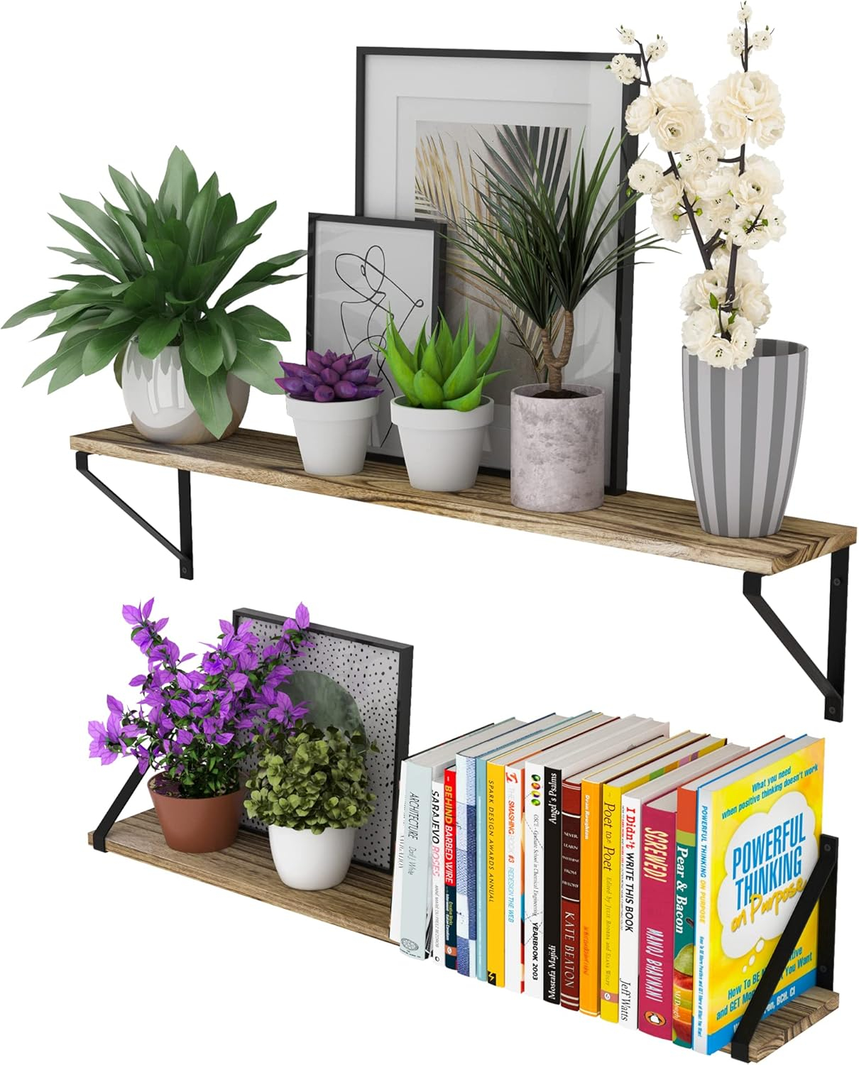 Wallniture Bora 36 Inch Large Floating Shelves for Wall, Floating Bookshelf, Plant Shelf Set of 2, Burned Wood Wall Shelves for Living Room