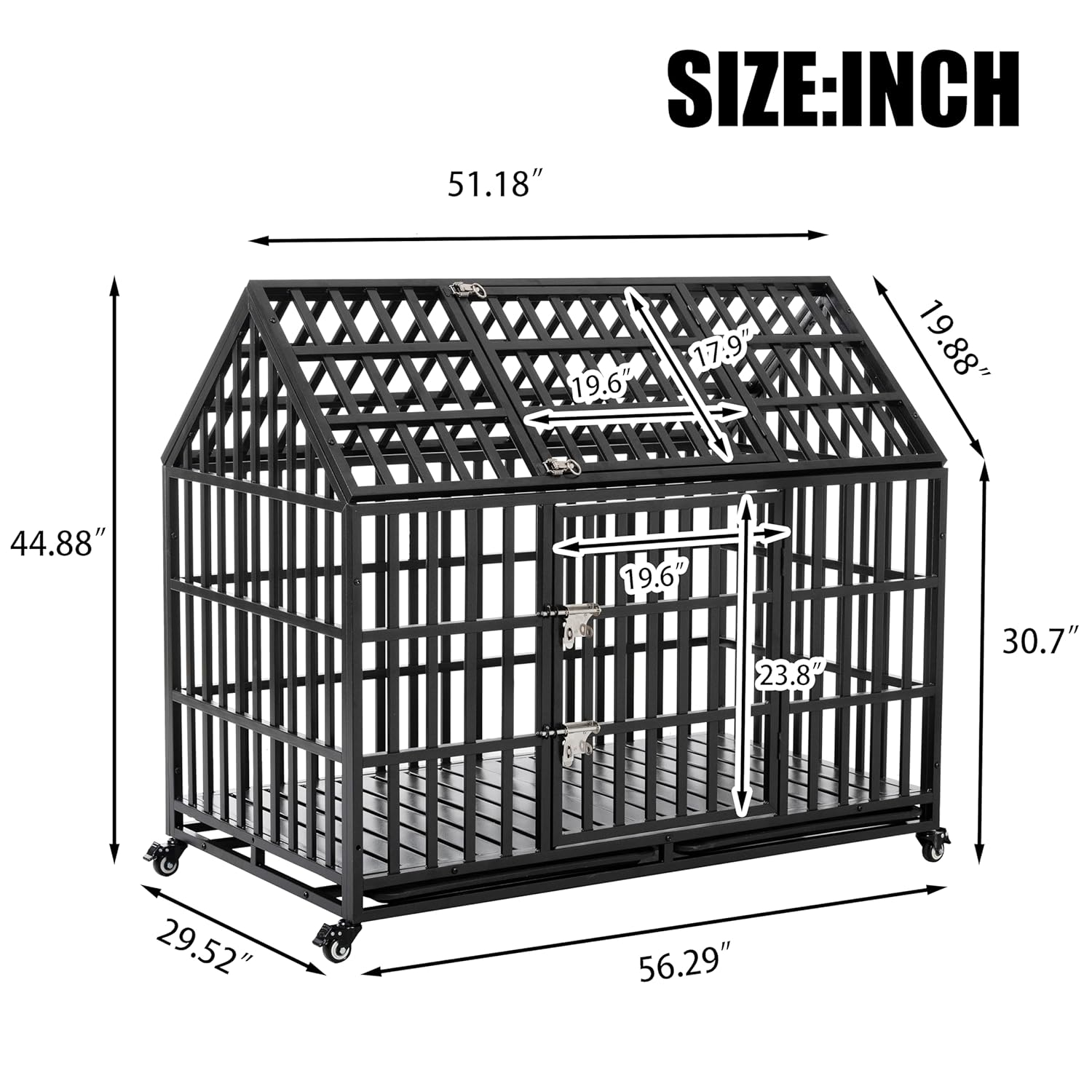 52" Heavy Duty Dog Crate Large Dog cage Strong Metal Dog Kennels and Crates for Large Dogs with 4 Lockable Wheels