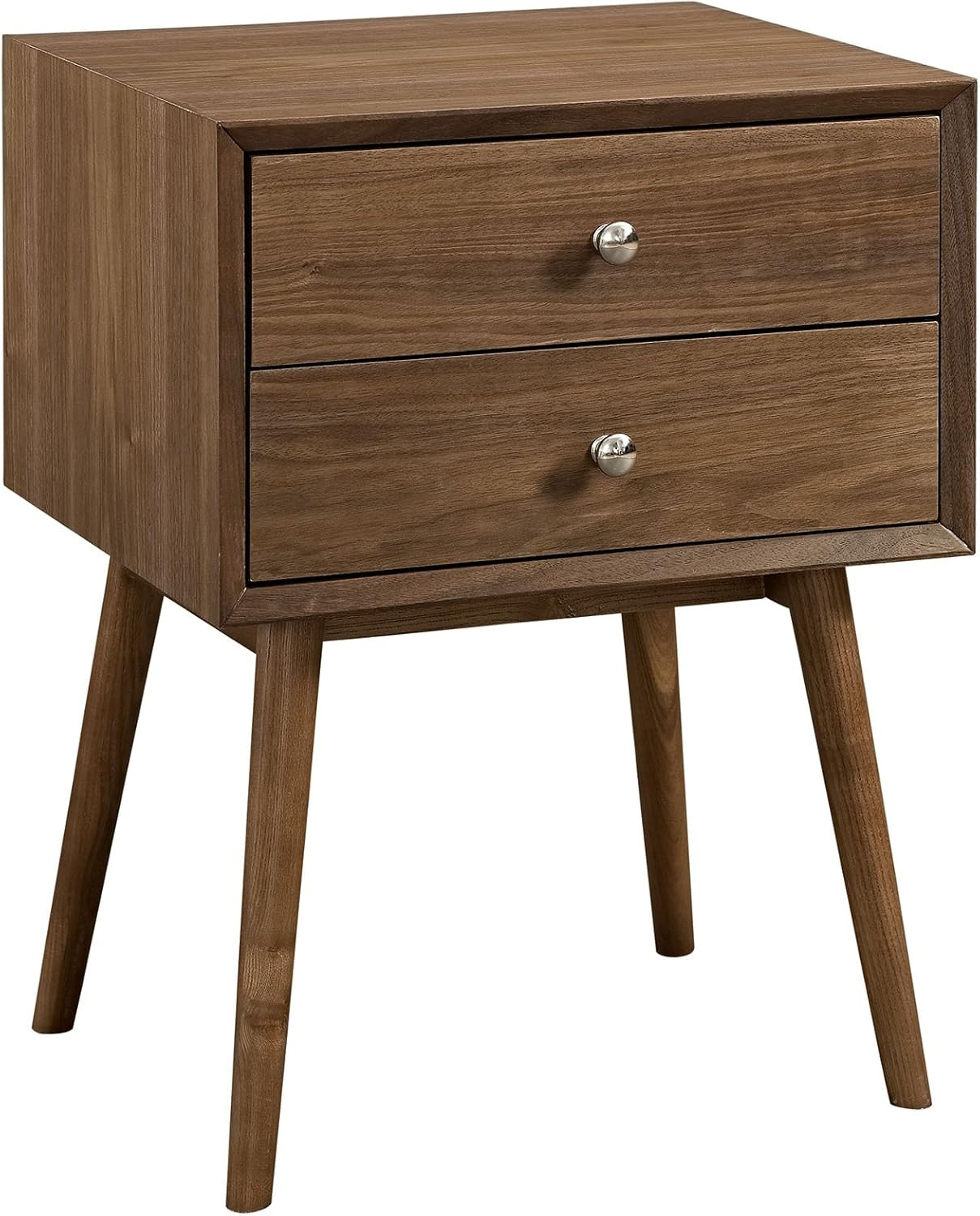 Walnut Mid-Century Modern 2-Drawer Nightstand with Metal Knob Handles