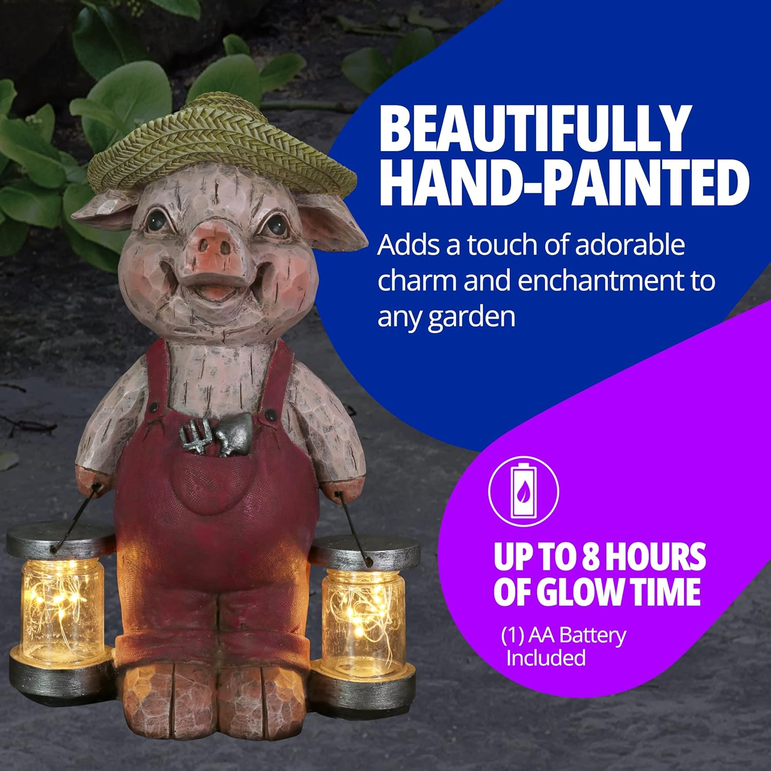 Rustic Farmhouse Pig Garden Statue with Solar LED Lights