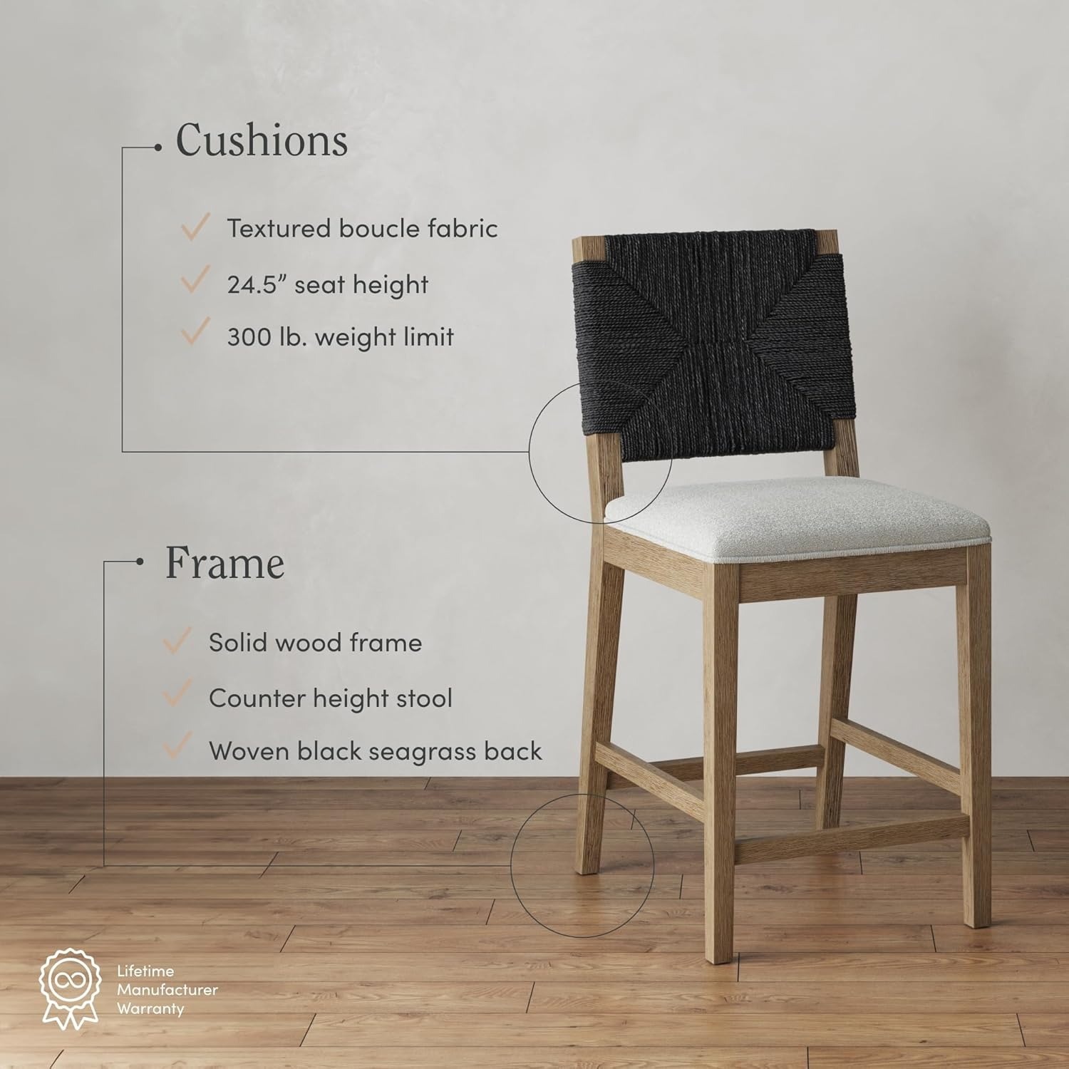 Nathan James Beacon Bohemian Boucle Bar Stool, Upholstered Bar Stool or Island Chairs for Kitchen, Seagrass Counter Height Stool with Back and Solid Wood Legs, Cream Boucle/Gray, Set of 2